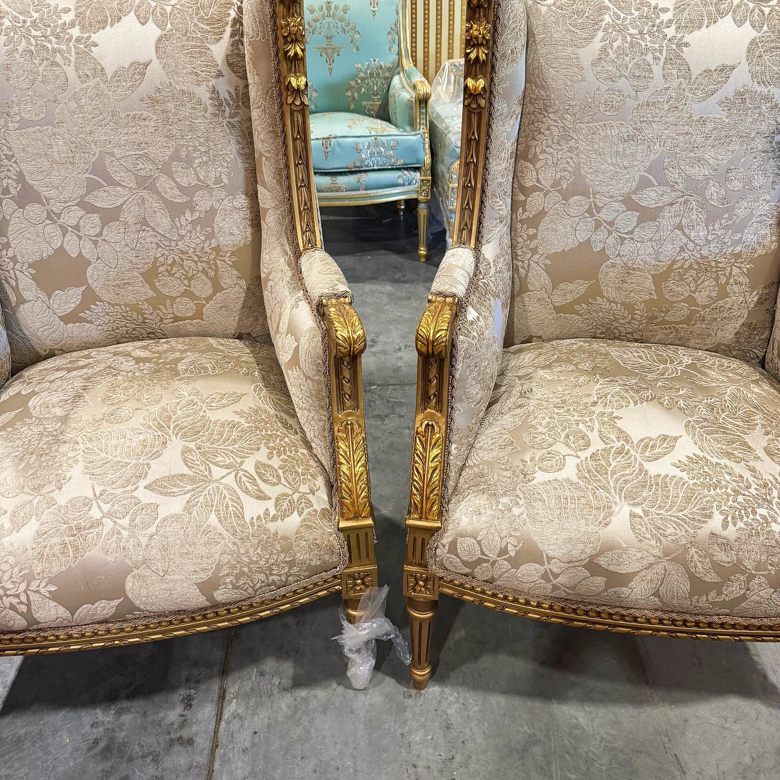 Neo-Classical Gold Bergère Wing Chair with Gold Leaf Details