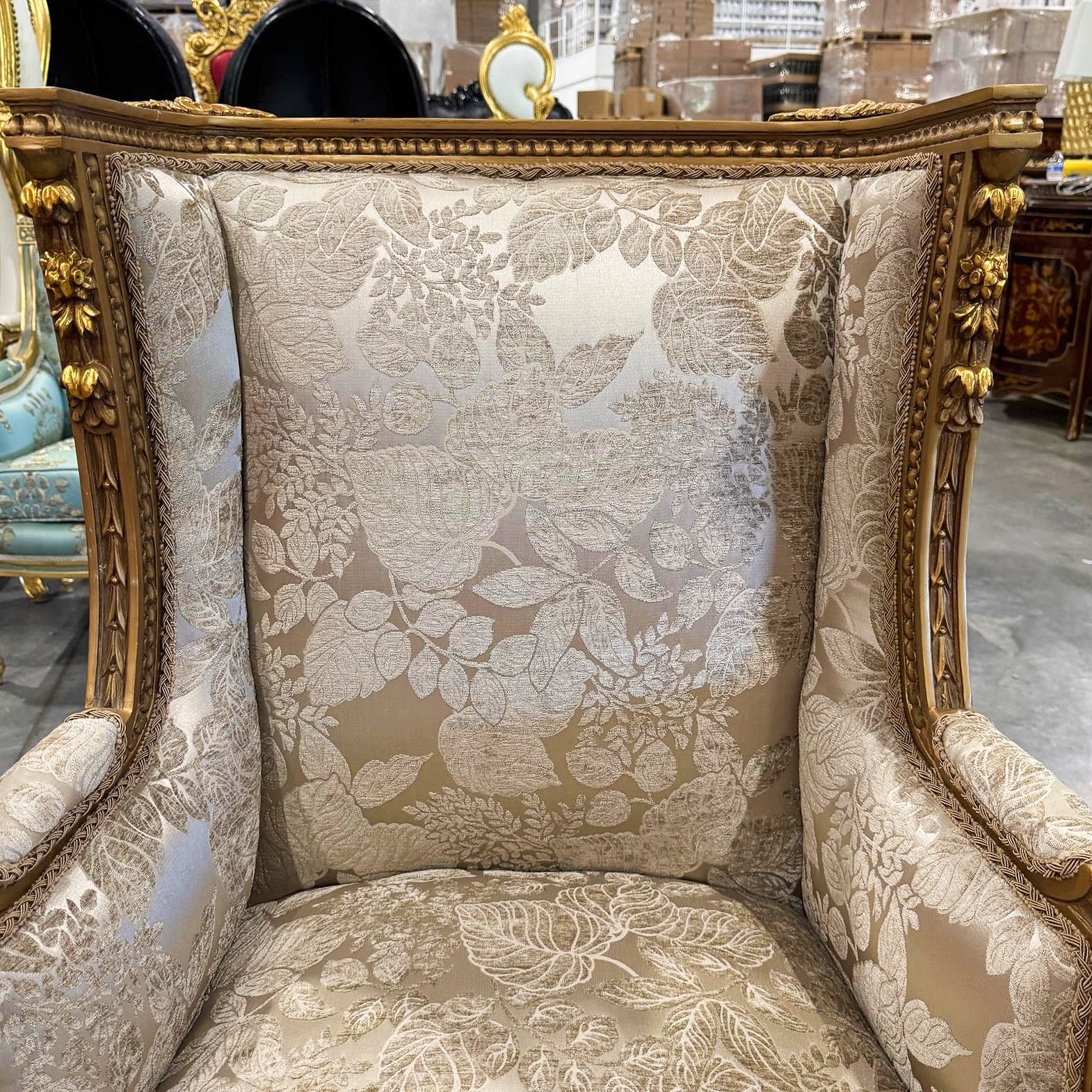Neo-Classical Gold Bergère Wing Chair with Gold Leaf Details
