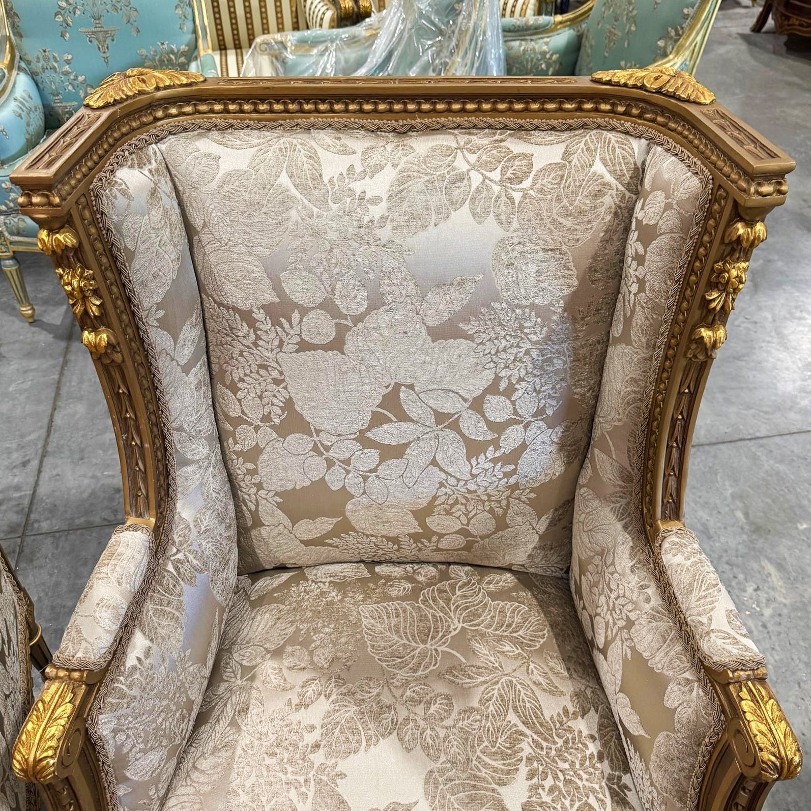 Neo-Classical Gold Bergère Wing Chair with Gold Leaf Details