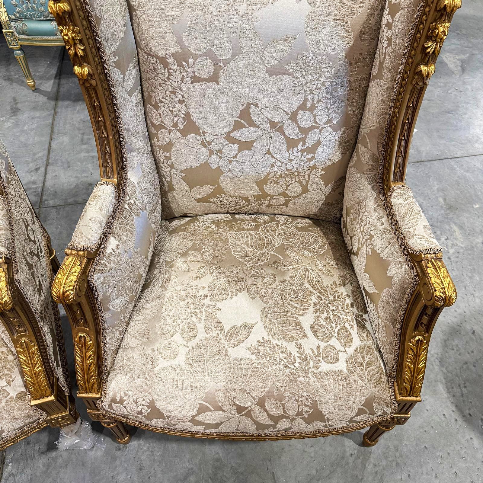 Neo-Classical Gold Bergère Wing Chair with Gold Leaf Details