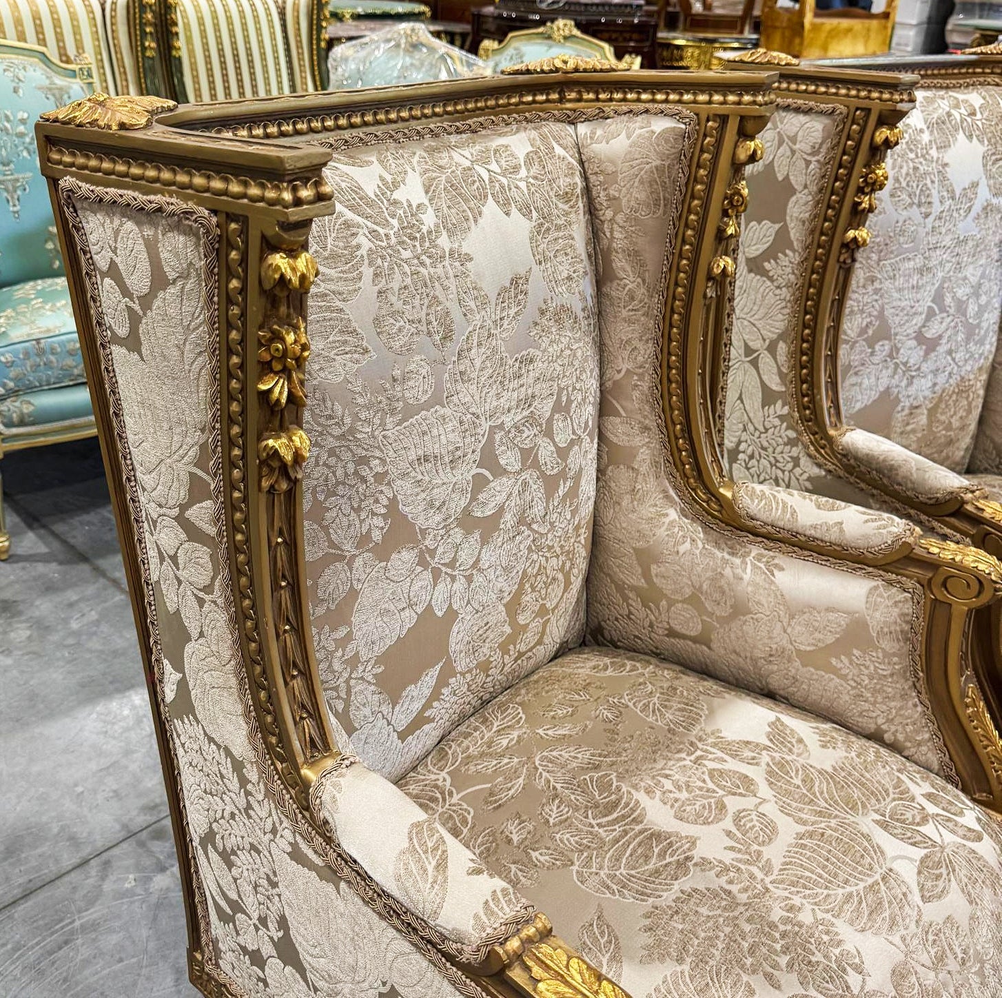 Neo-Classical Gold Bergère Wing Chair with Gold Leaf Details