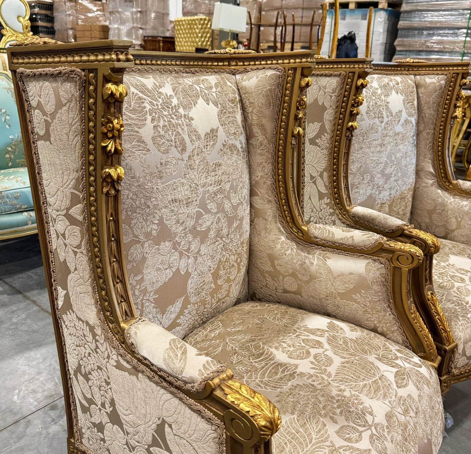 Neo-Classical Gold Bergère Wing Chair with Gold Leaf Details