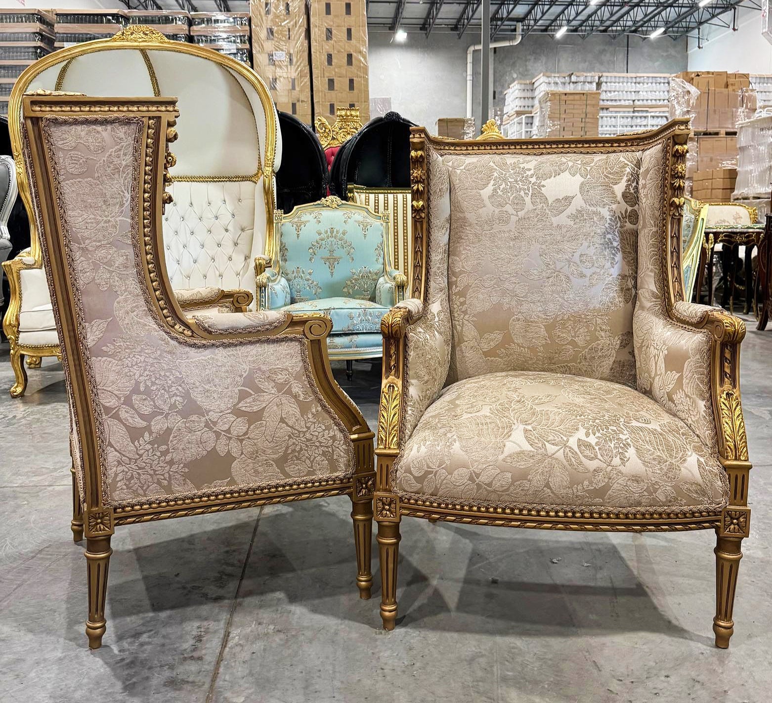 Neo-Classical Style Gold Bergere Wing Chair with Gold Details