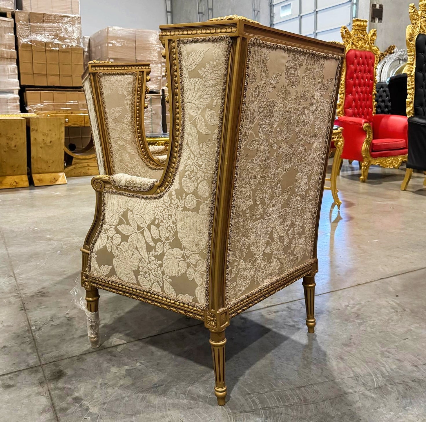 Neo-Classical Gold Bergère Wing Chair with Gold Leaf Details