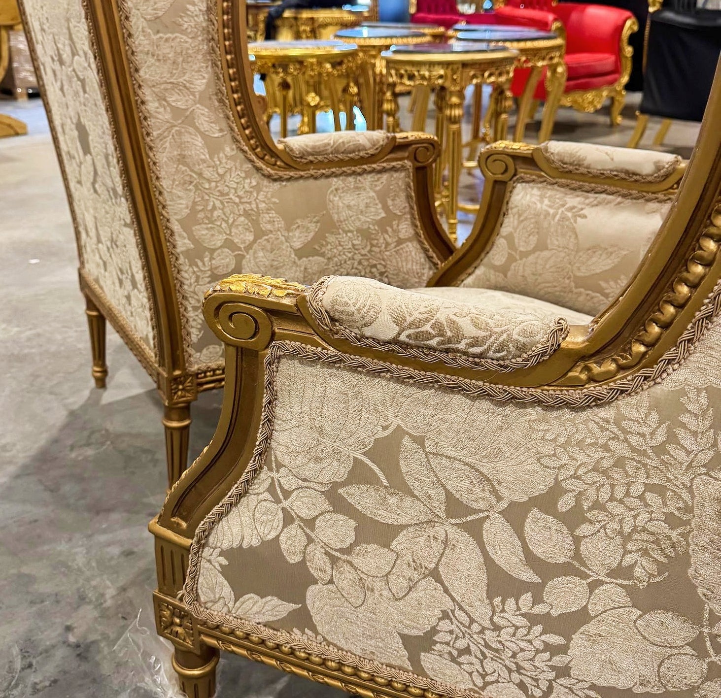 Neo-Classical Gold Bergère Wing Chair with Gold Leaf Details