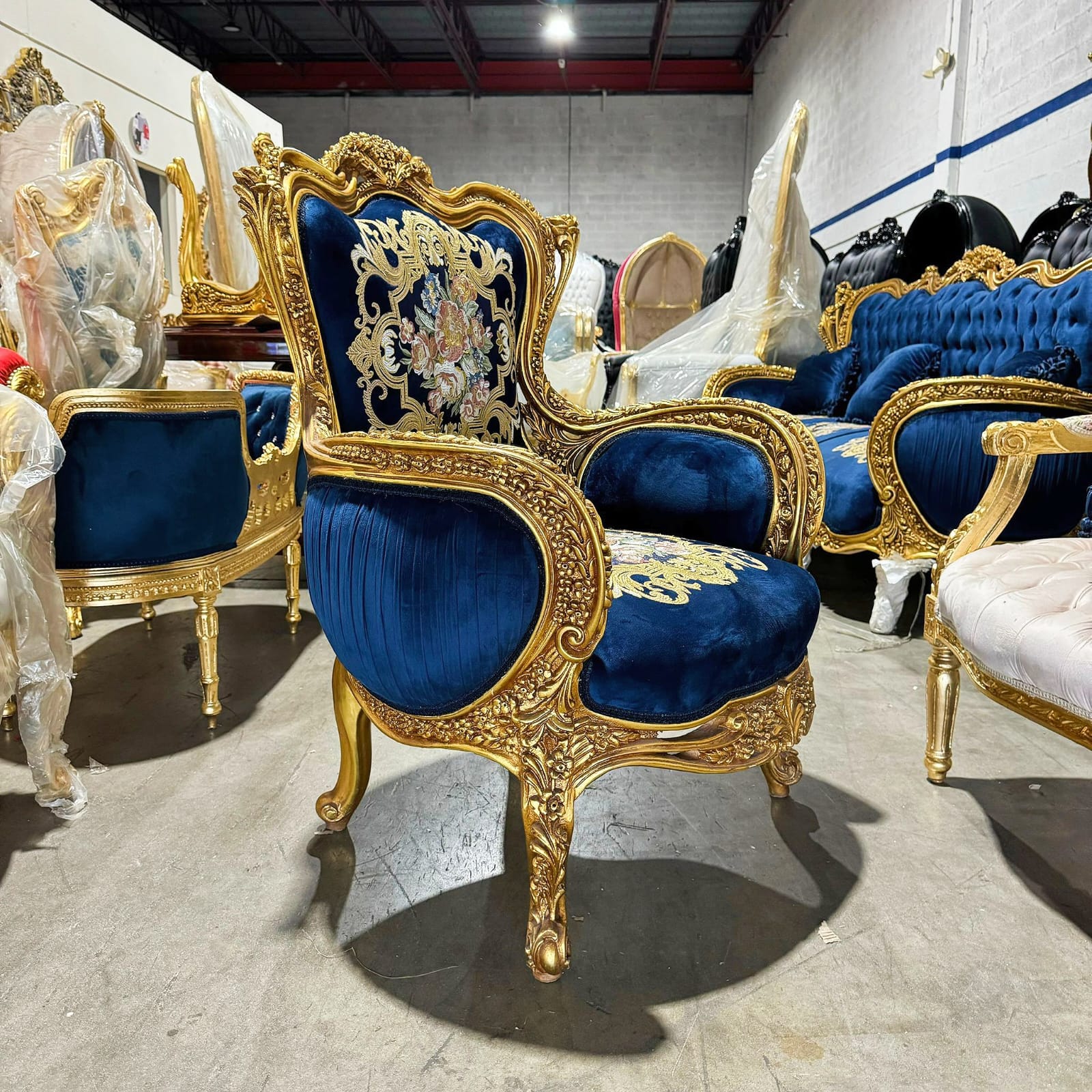 Blue Bergère Wing Chair – French Style Armchair with Gold Leaf Details