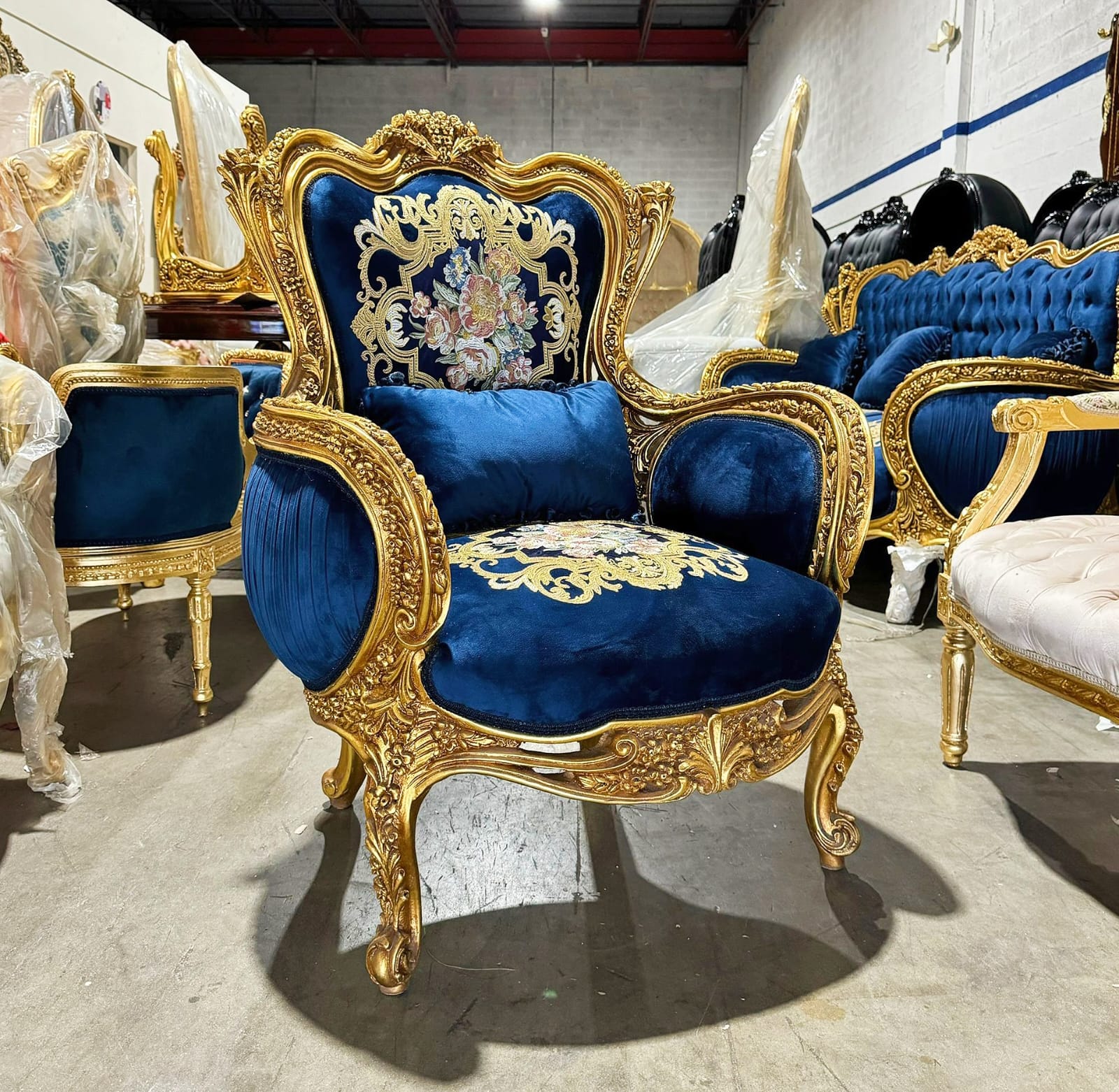 Blue Bergère Wing Chair – French Style Armchair with Gold Leaf Details