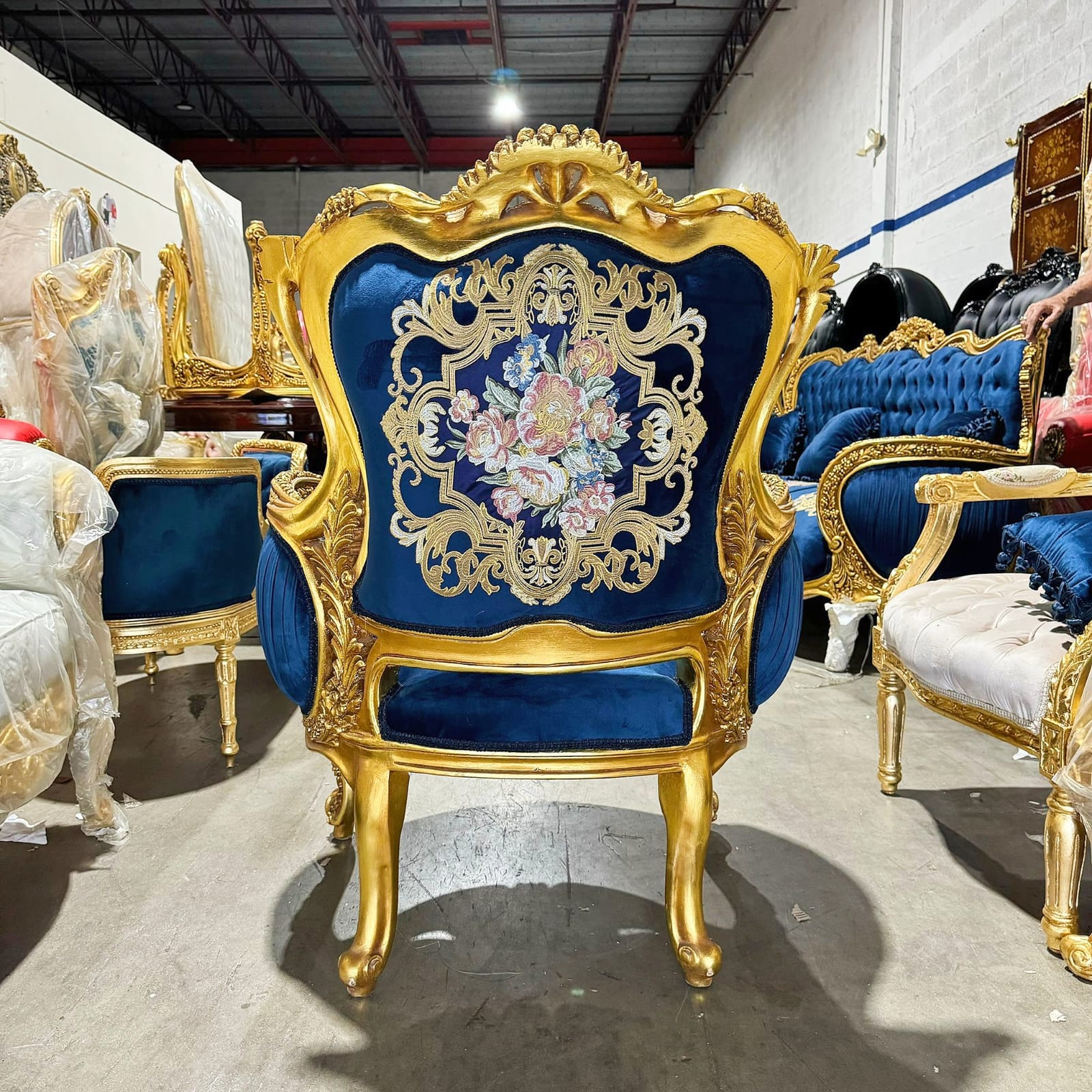 Blue Bergère Wing Chair – French Style Armchair with Gold Leaf Details