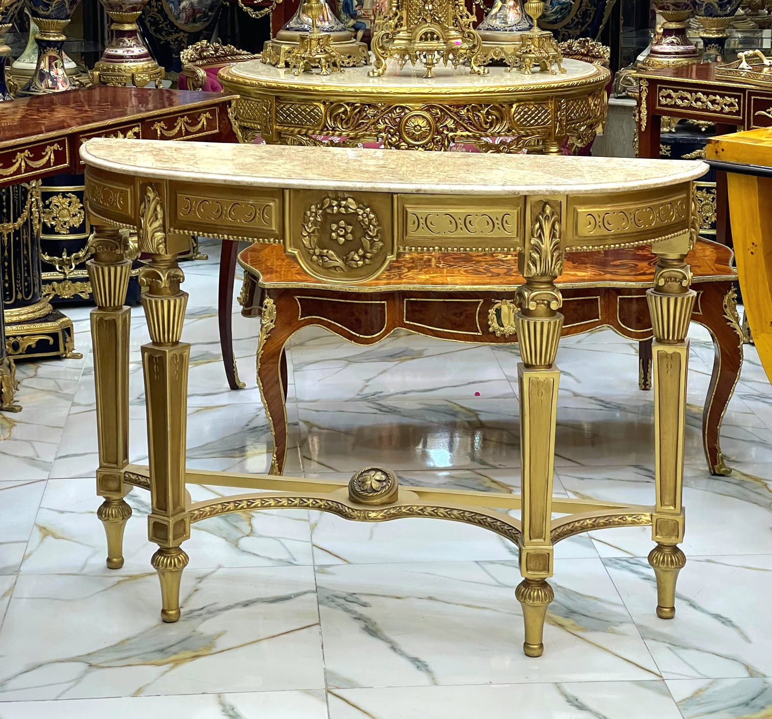 Luxury Baroque Console Table – Gold Leaf Finish with Carvings & Marble Top