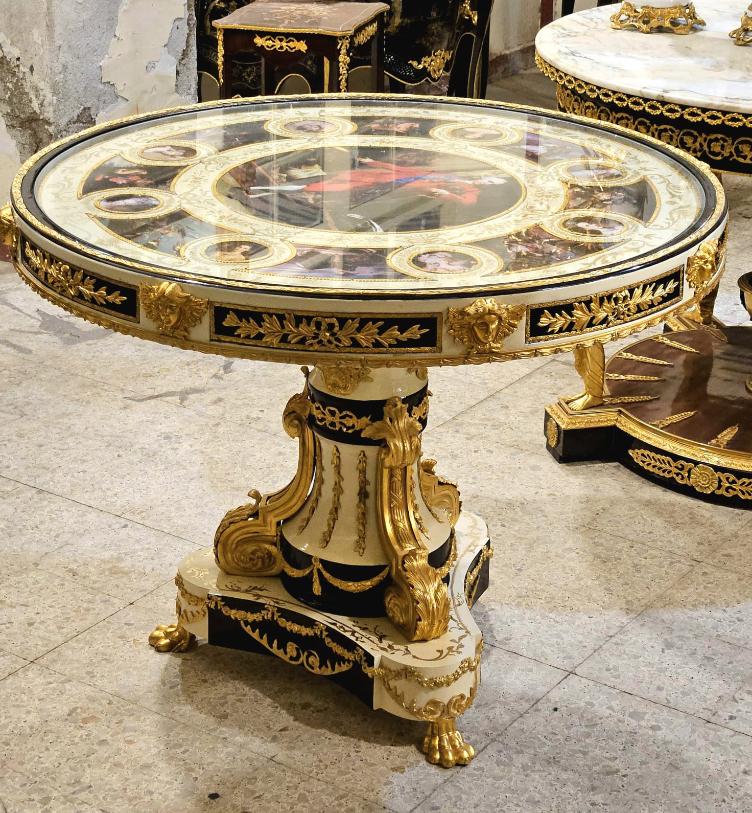 French Rococo Style White Round Dining Table with Bronze Details