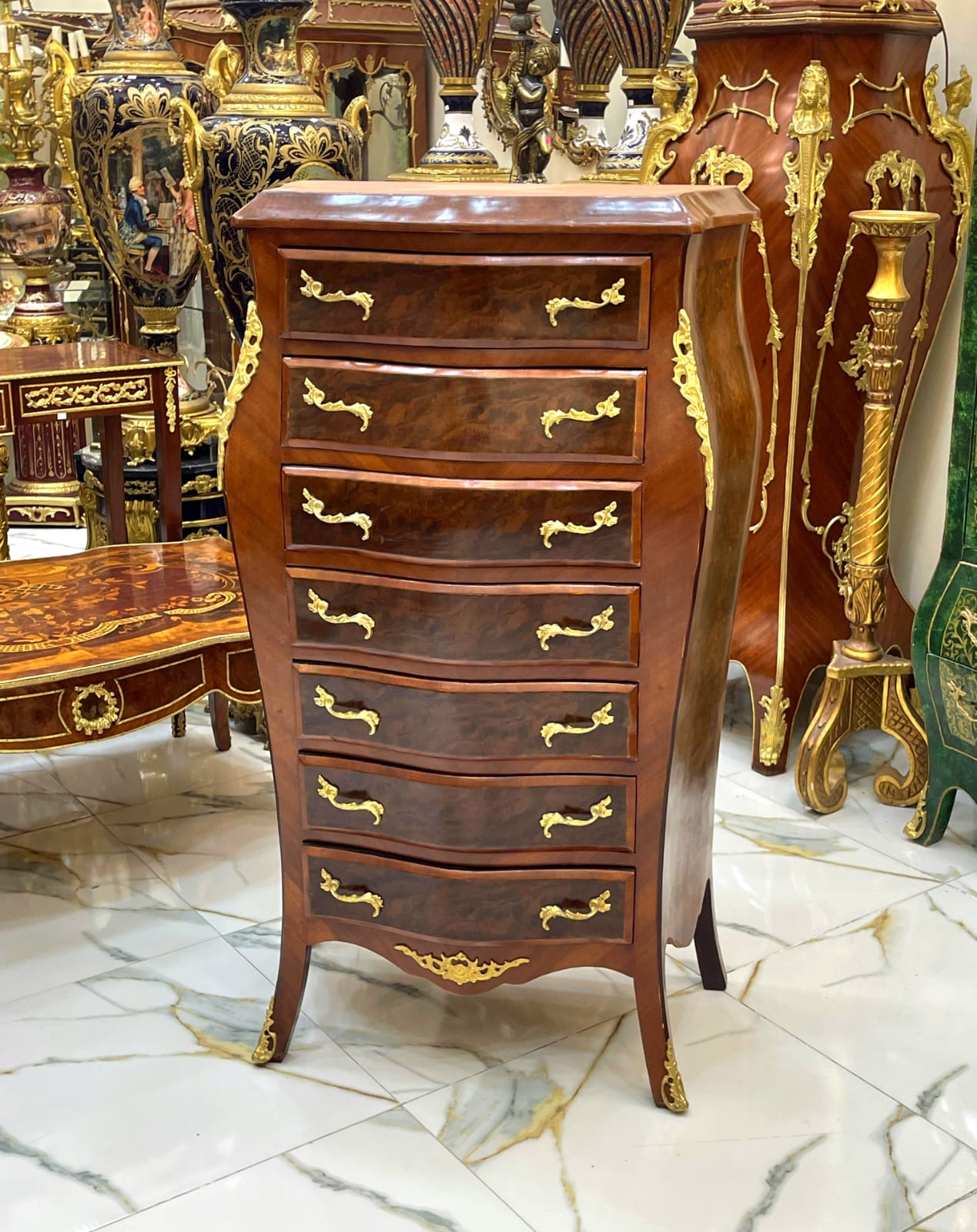 Napoleon III Boulle Style Chiffonier Commode – French Tall Chest with Gold Bronze Details, 7 Drawer Luxury Cabinet