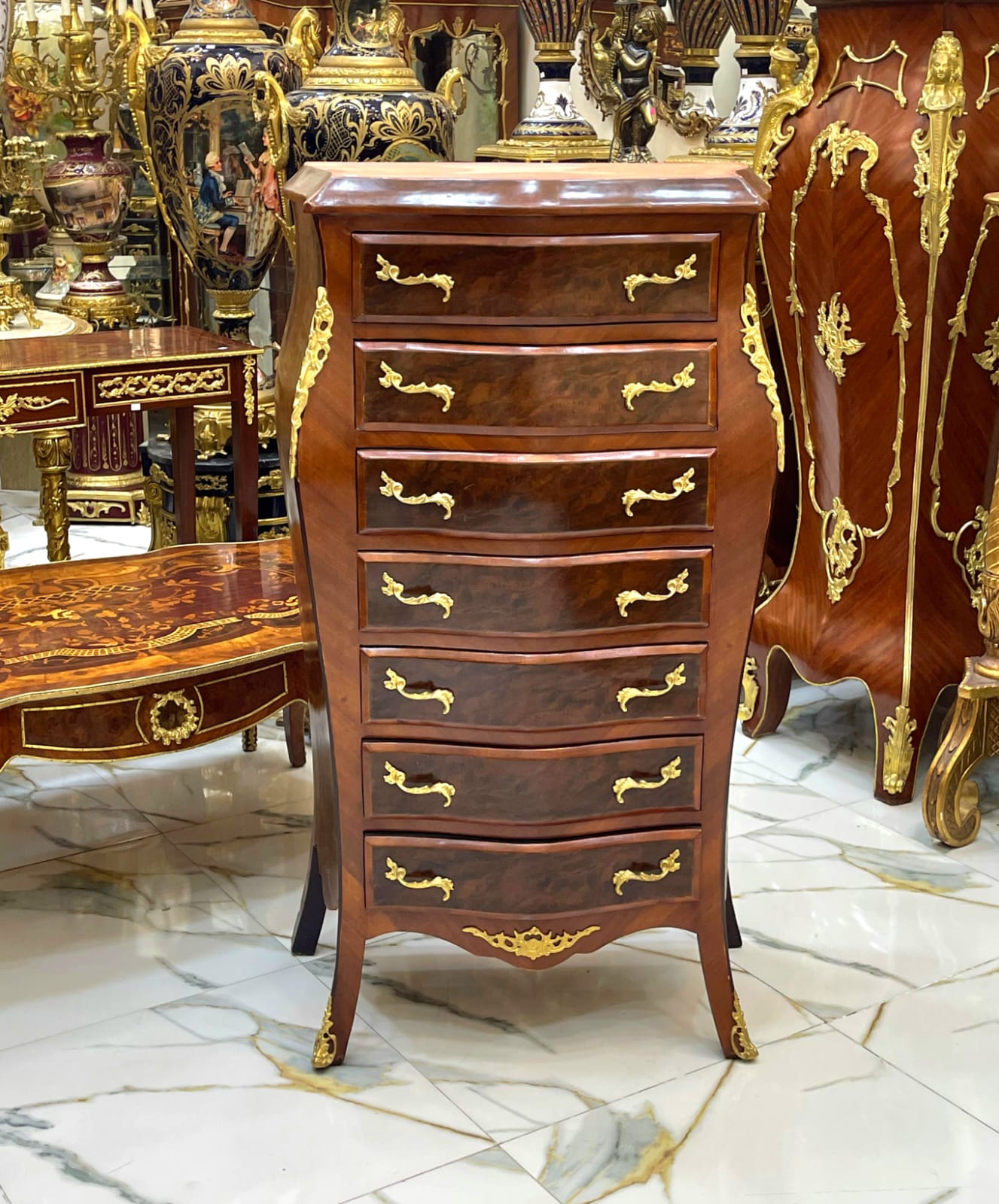 Napoleon III Boulle Style Chiffonier Commode – French Tall Chest with Gold Bronze Details, 7 Drawer Luxury Cabinet