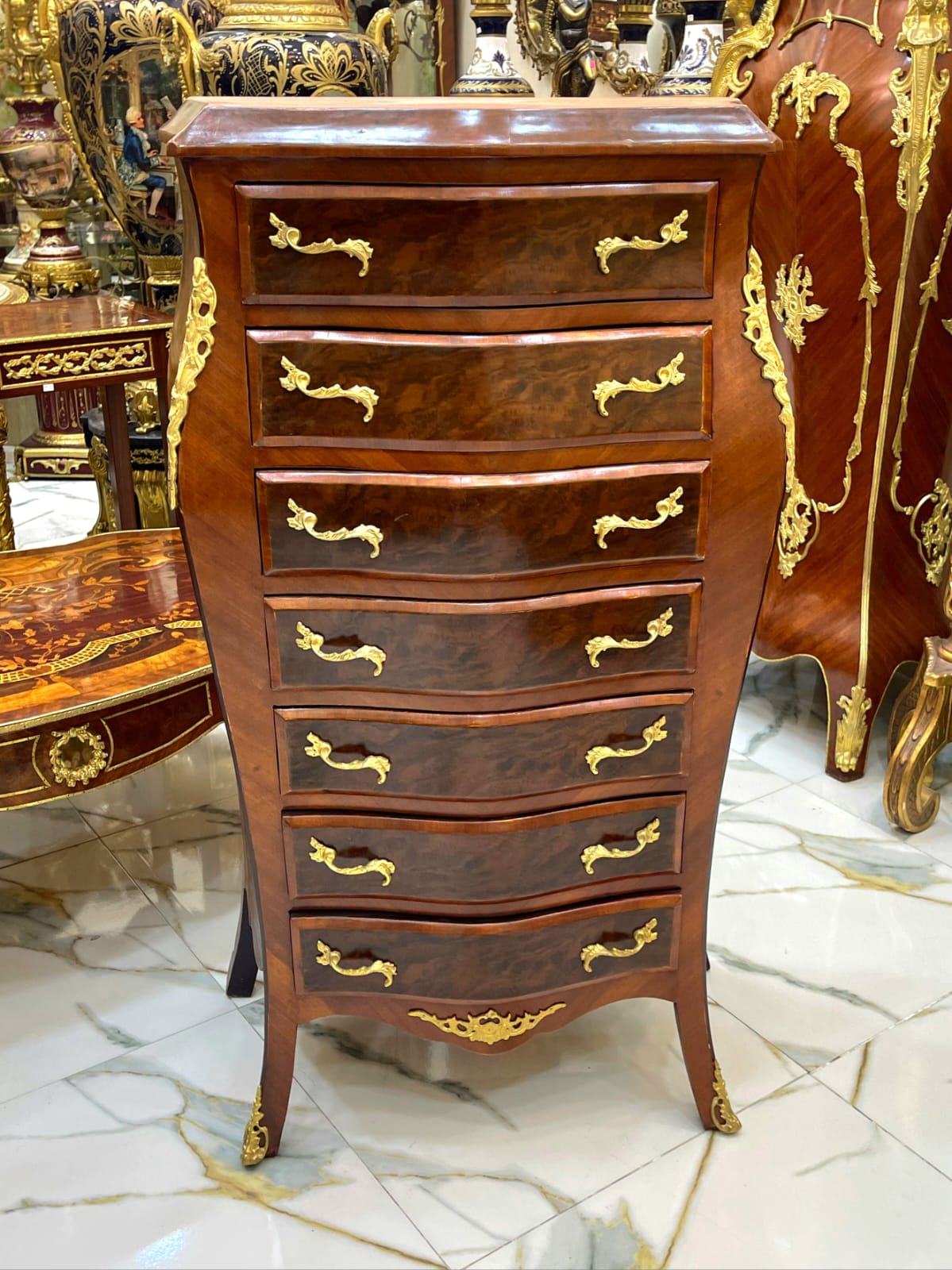 Napoleon III Boulle Style Chiffonier Commode – French Tall Chest with Gold Bronze Details, 7 Drawer Luxury Cabinet