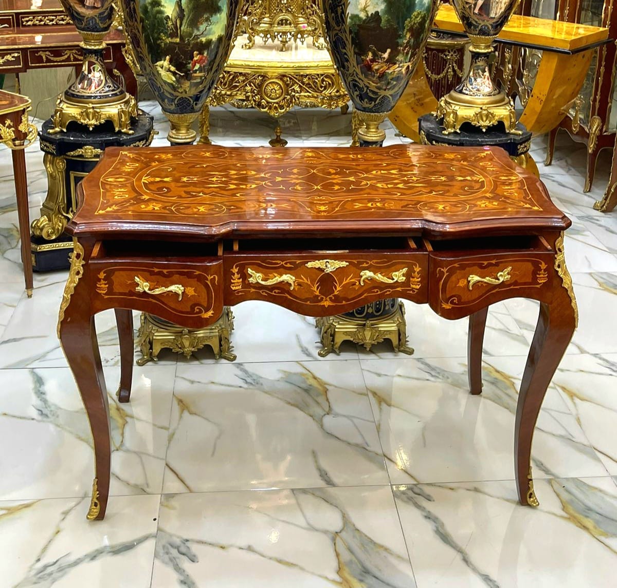 French Style Console Table / Desk – Brown Finish with Gold Leaf, 32.28"H x 22.44"W x 45.67"L