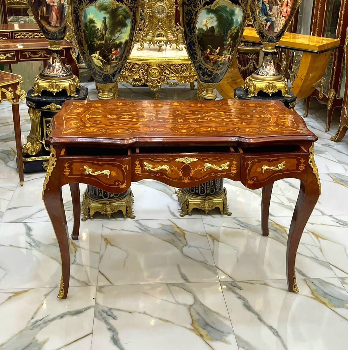 French Style Console Table / Desk – Brown Finish with Gold Leaf, 32.28"H x 22.44"W x 45.67"L