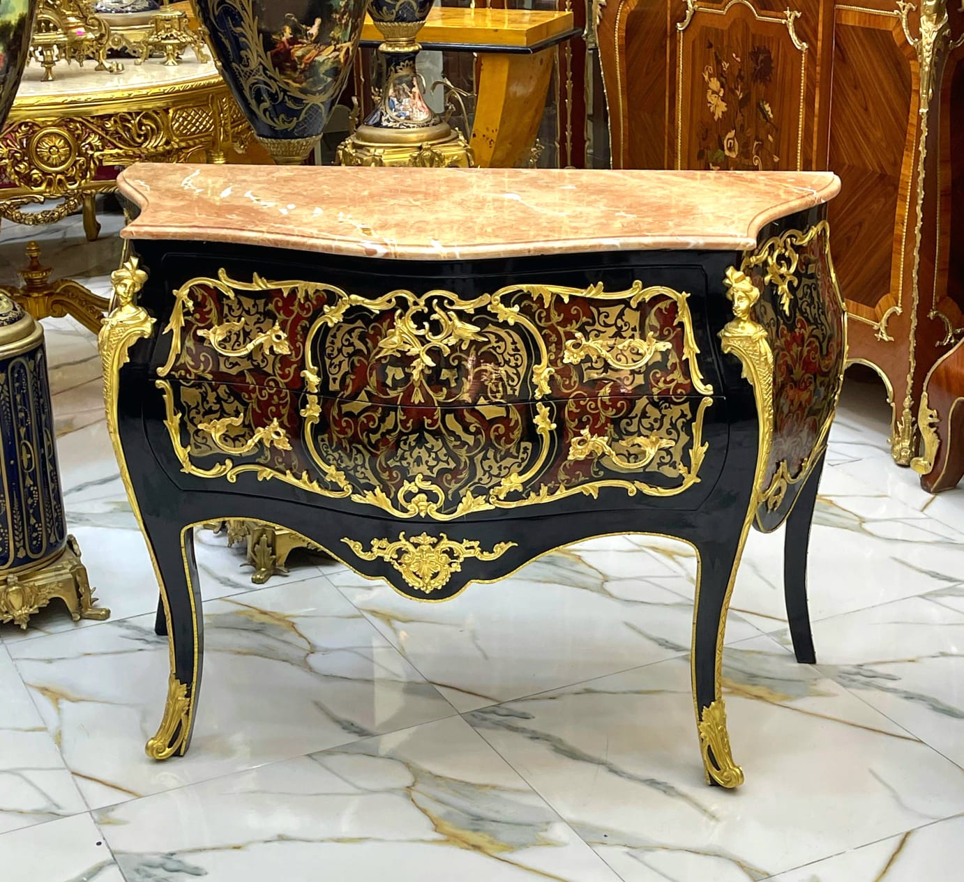 French Louis XV Style Commode – Marble Top Dresser with Gold Details, 2 Drawer French Chest, Luxury European Furniture