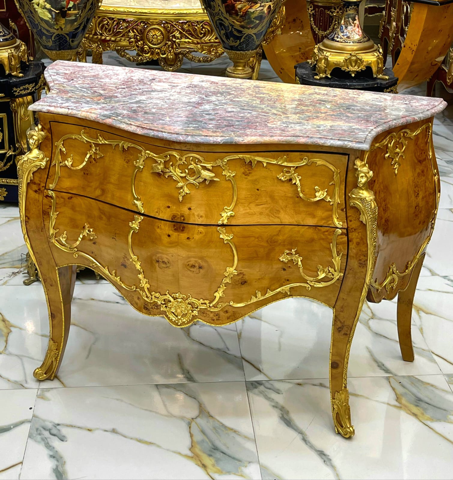 French Louis XV Style Commode – Marble Top Dresser with Gold Details, 2 Drawer French Chest, Luxury European Furniture