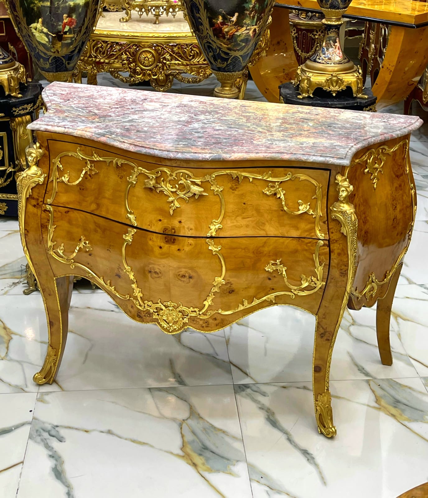 French Louis XV Style Commode – Marble Top Dresser with Gold Details, 2 Drawer French Chest, Luxury European Furniture