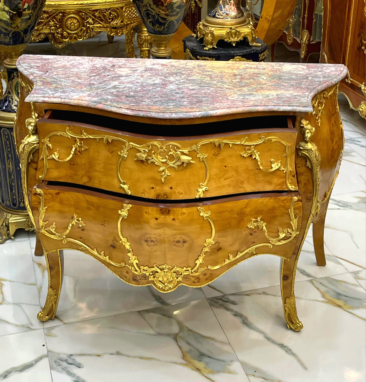 French Louis XV Style Commode – Marble Top Dresser with Gold Details, 2 Drawer French Chest, Luxury European Furniture