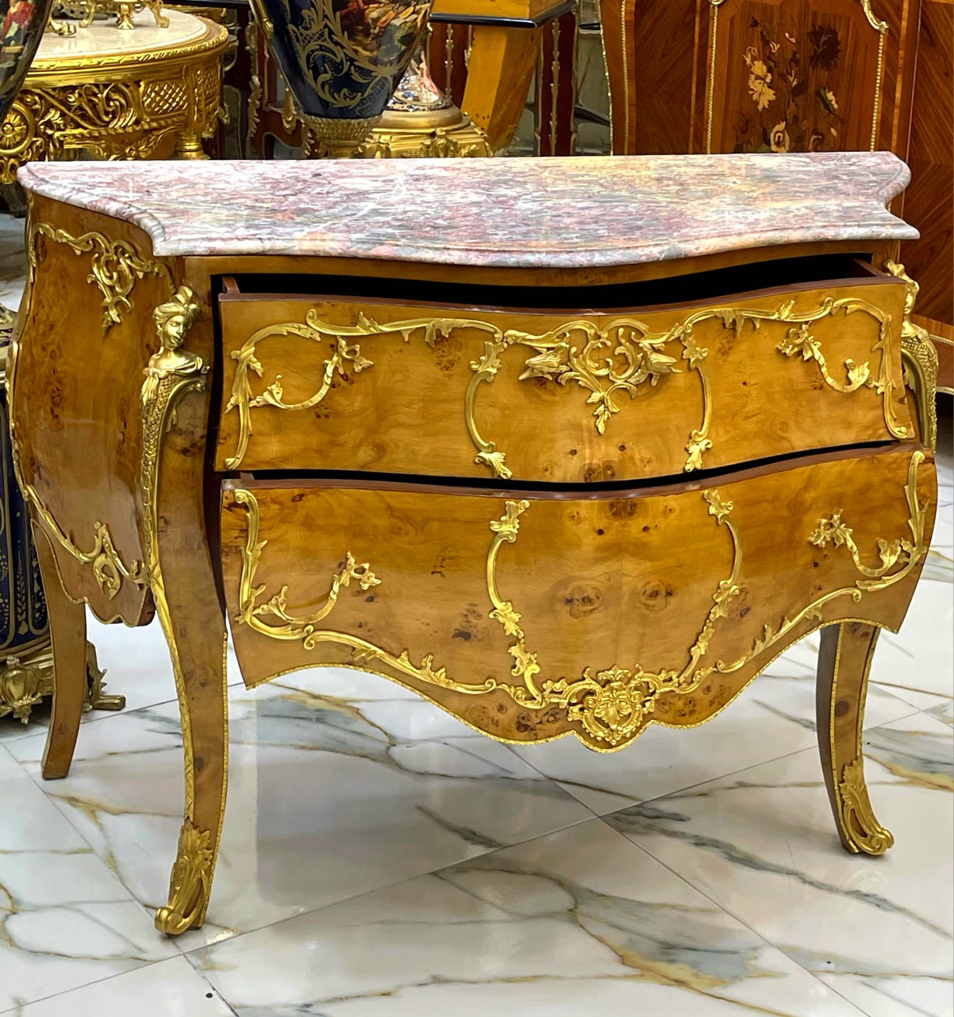 French Louis XV Style Commode – Marble Top Dresser with Gold Details, 2 Drawer French Chest, Luxury European Furniture