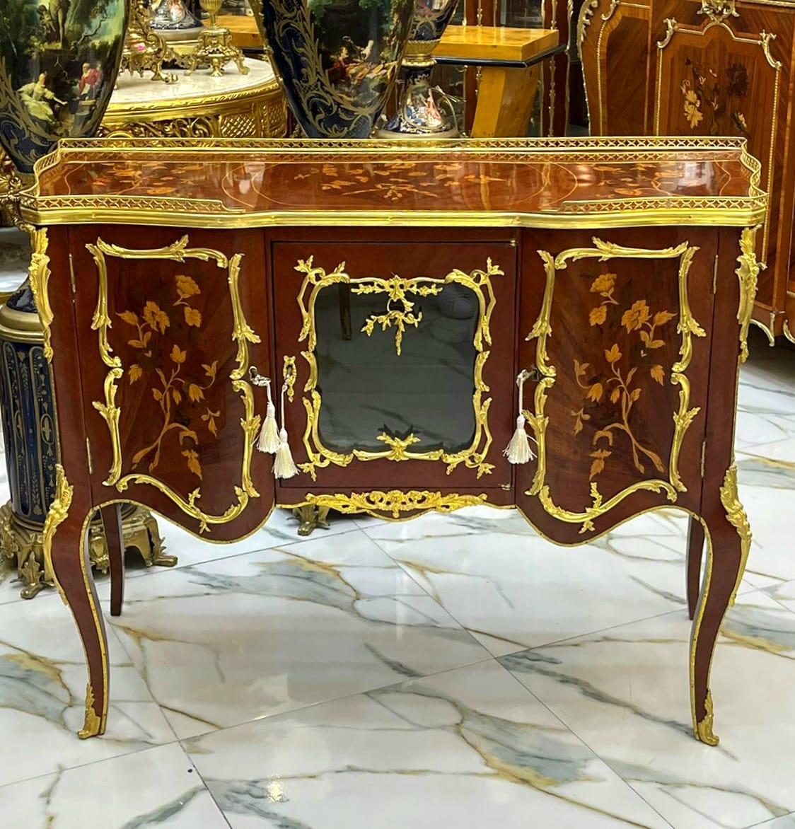 French Louis XV Style Sideboard – Marquetry Cabinet with Gold Bronze Details, Luxury French Buffet Console 46.9"L