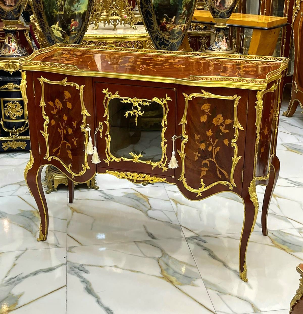 French Louis XV Style Sideboard – Marquetry Cabinet with Gold Bronze Details, Luxury French Buffet Console 46.9"L