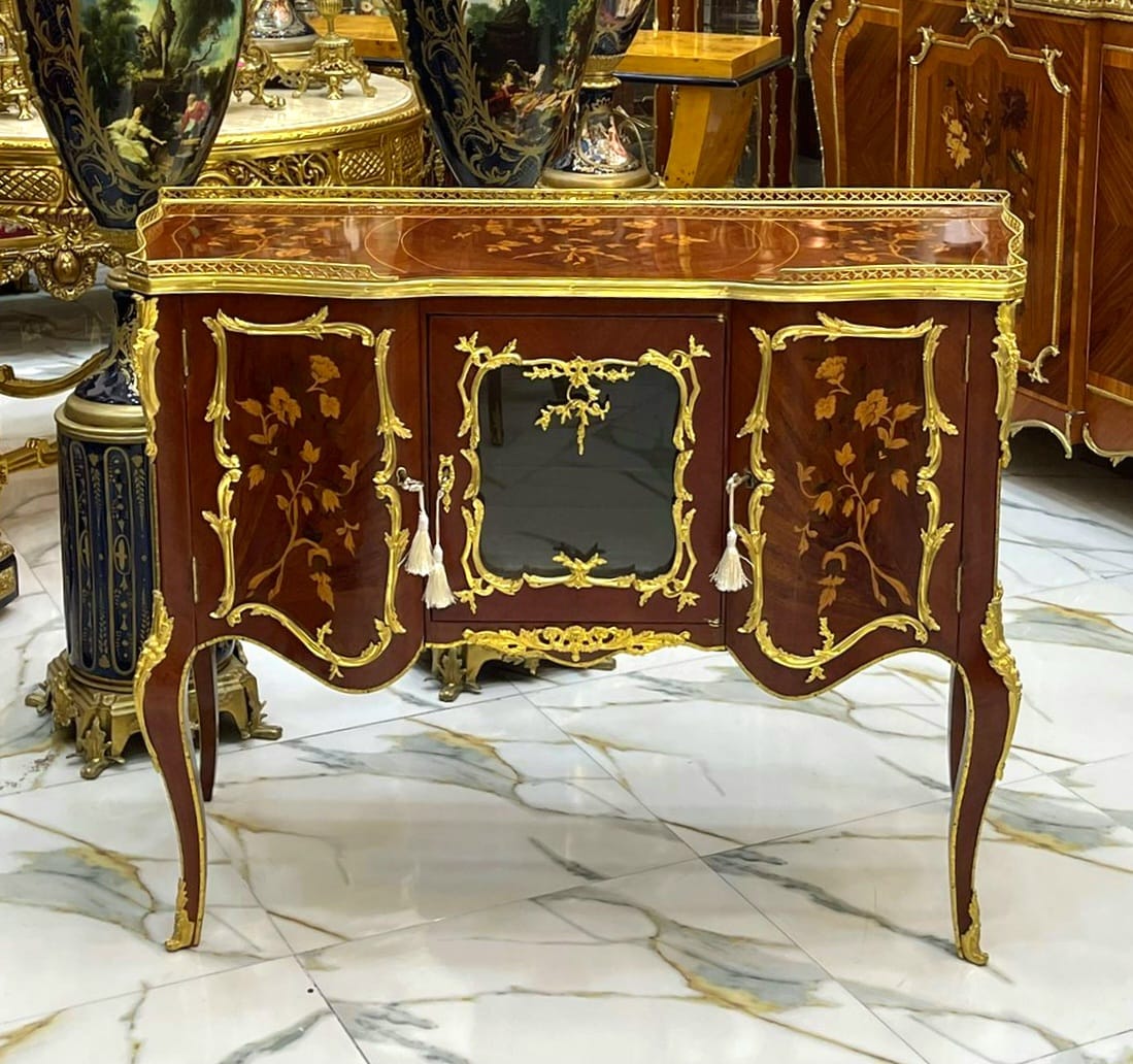 French Louis XV Style Sideboard – Marquetry Cabinet with Gold Bronze Details, Luxury French Buffet Console 46.9"L