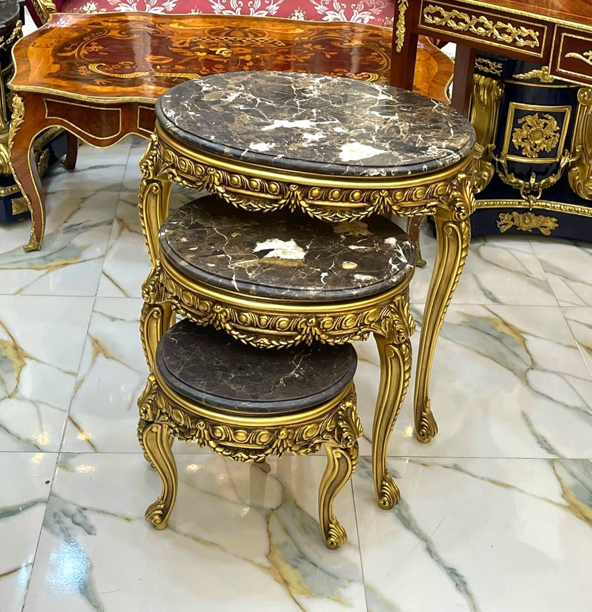 French Style Nesting Tables – Set of 3 Marble with Gold Leaf Details