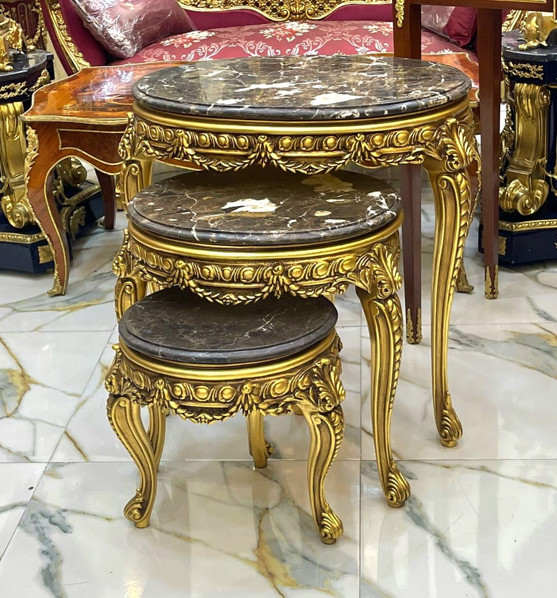 French Style Nesting Tables – Set of 3 Marble with Gold Leaf Details