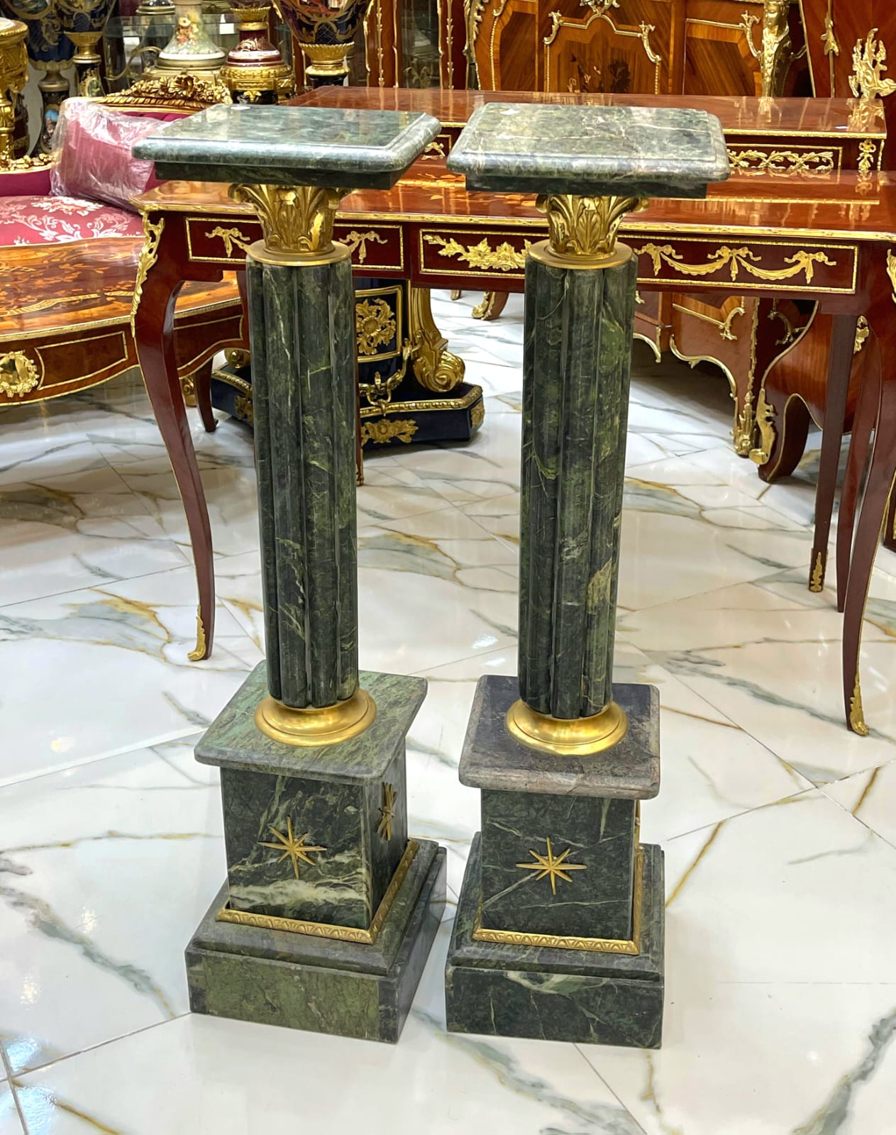 Rococo Style Dark Pedestal Column Set – Marble Top Gold Leaf Pedestals, Luxury French Display Columns for Sculptures & Décor