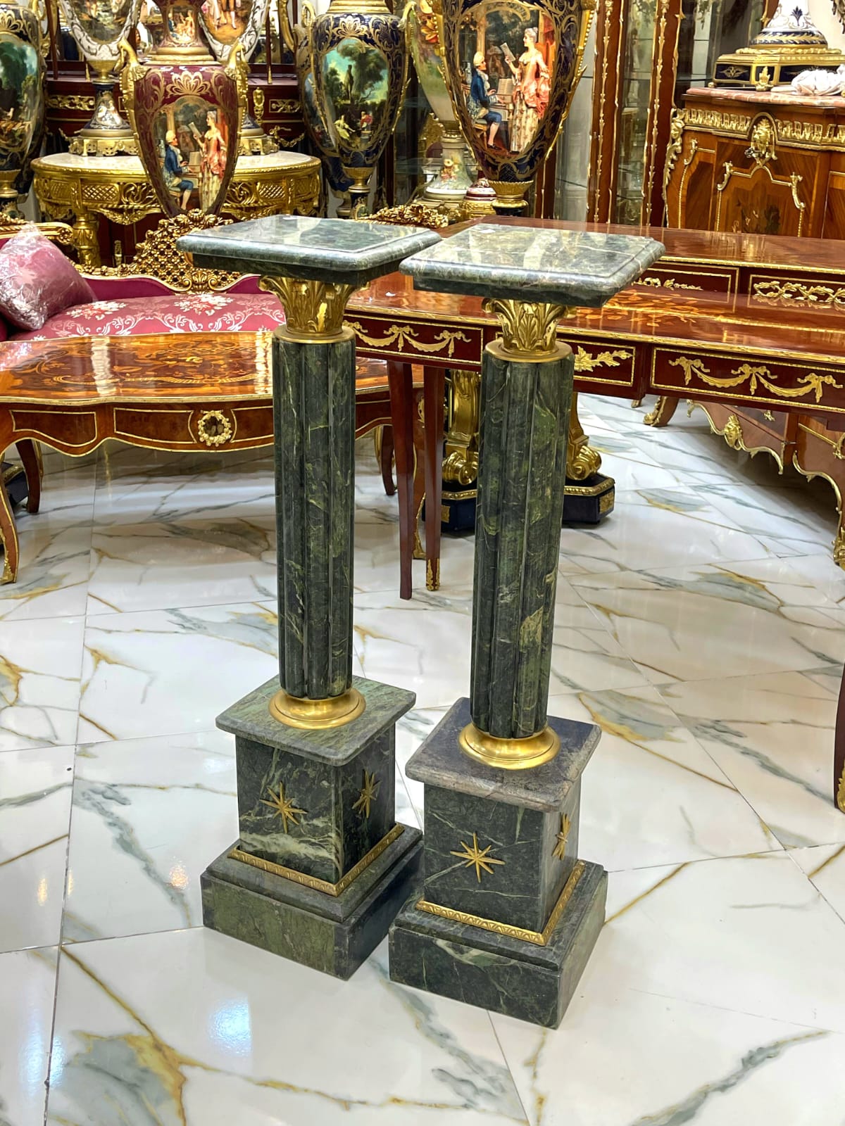 Rococo Style Dark Pedestal Column Set – Marble Top Gold Leaf Pedestals, Luxury French Display Columns for Sculptures & Décor