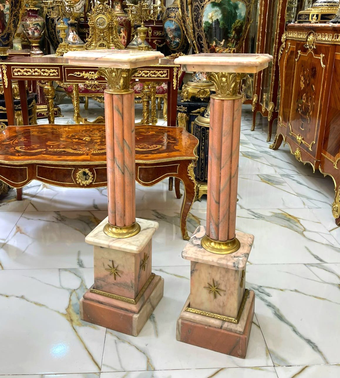 Rococo Style Pink Pedestal Column Set – Marble Top Gold Leaf Pedestals, Luxury French Display Columns for Sculptures & Décor