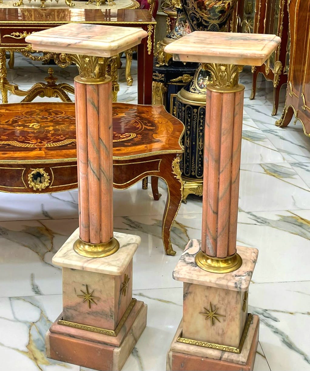 Rococo Style Pink Pedestal Column Set – Marble Top Gold Leaf Pedestals, Luxury French Display Columns for Sculptures & Décor