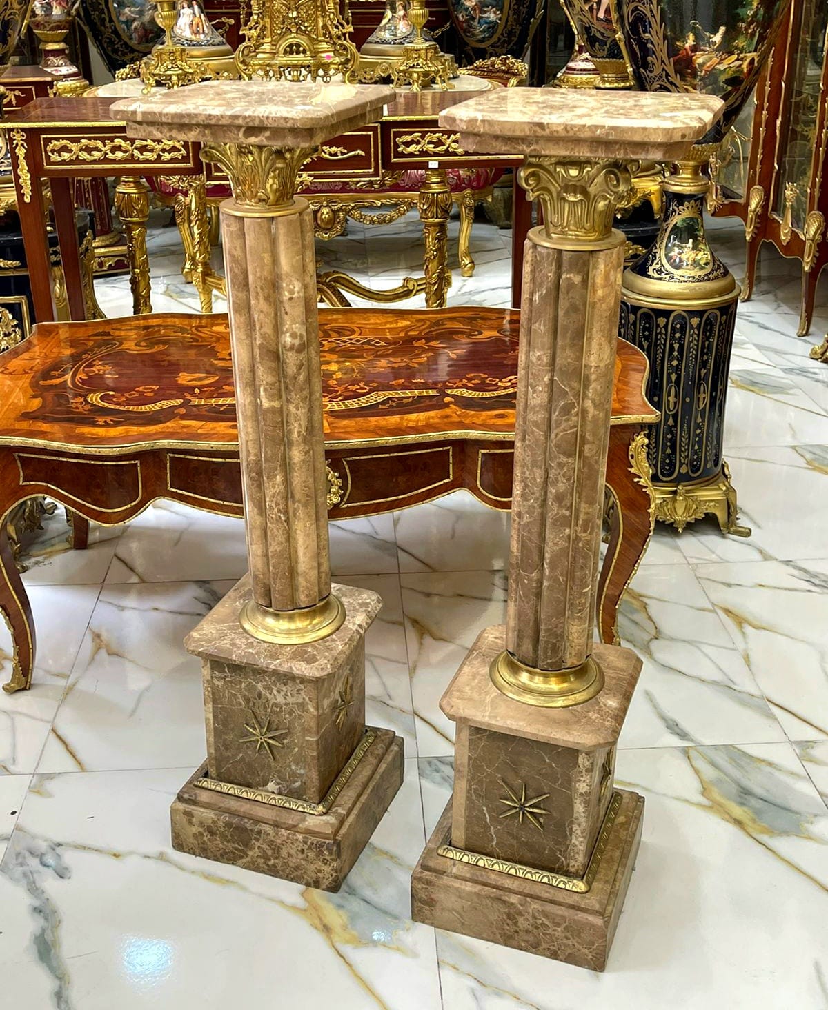 Rococo Style Pedestal Column Set – Marble Top Gold Leaf Pedestals, Luxury French Display Columns for Sculptures & Décor