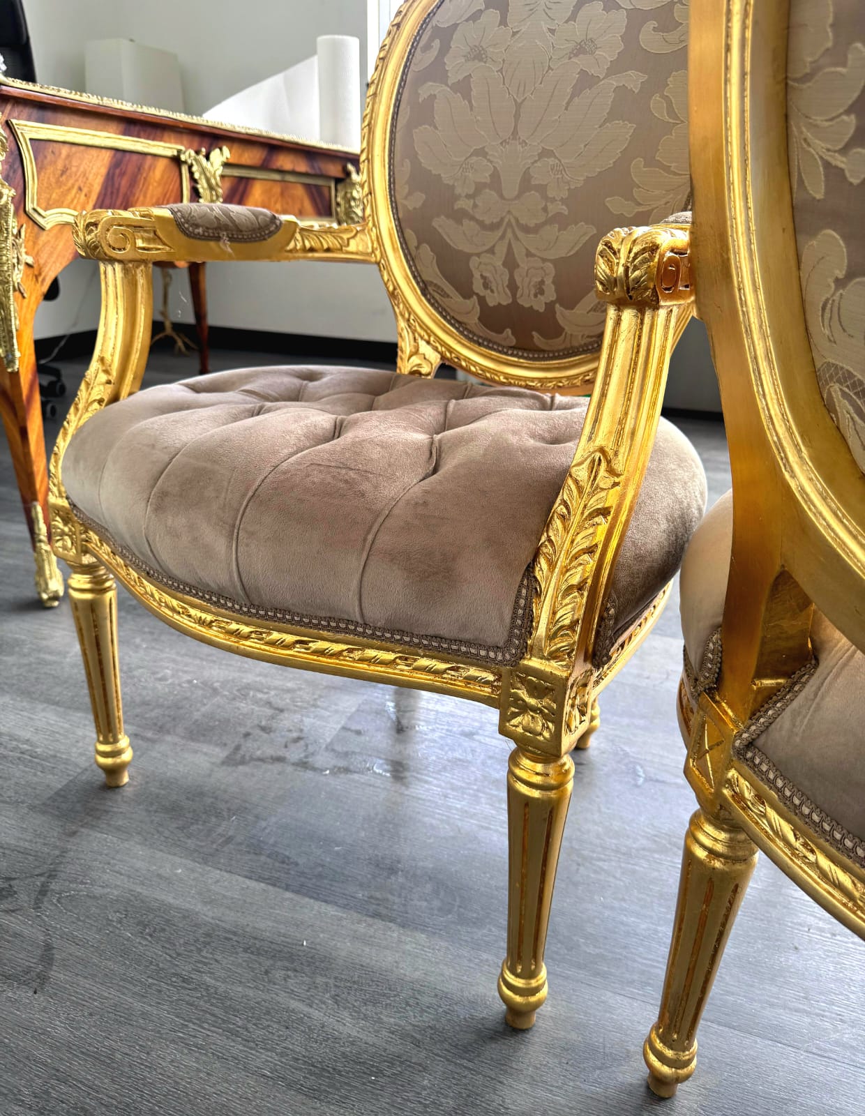French Style Light Brown Tan Velvet Chair with Gold Leaf Details – Rococo Baroque Armchair
