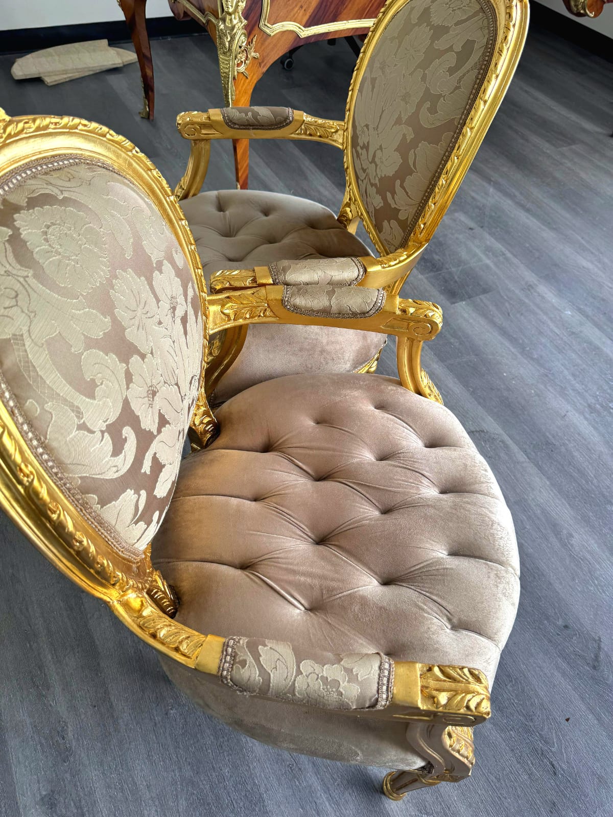French Style Light Brown Tan Velvet Chair with Gold Leaf Details – Rococo Baroque Armchair