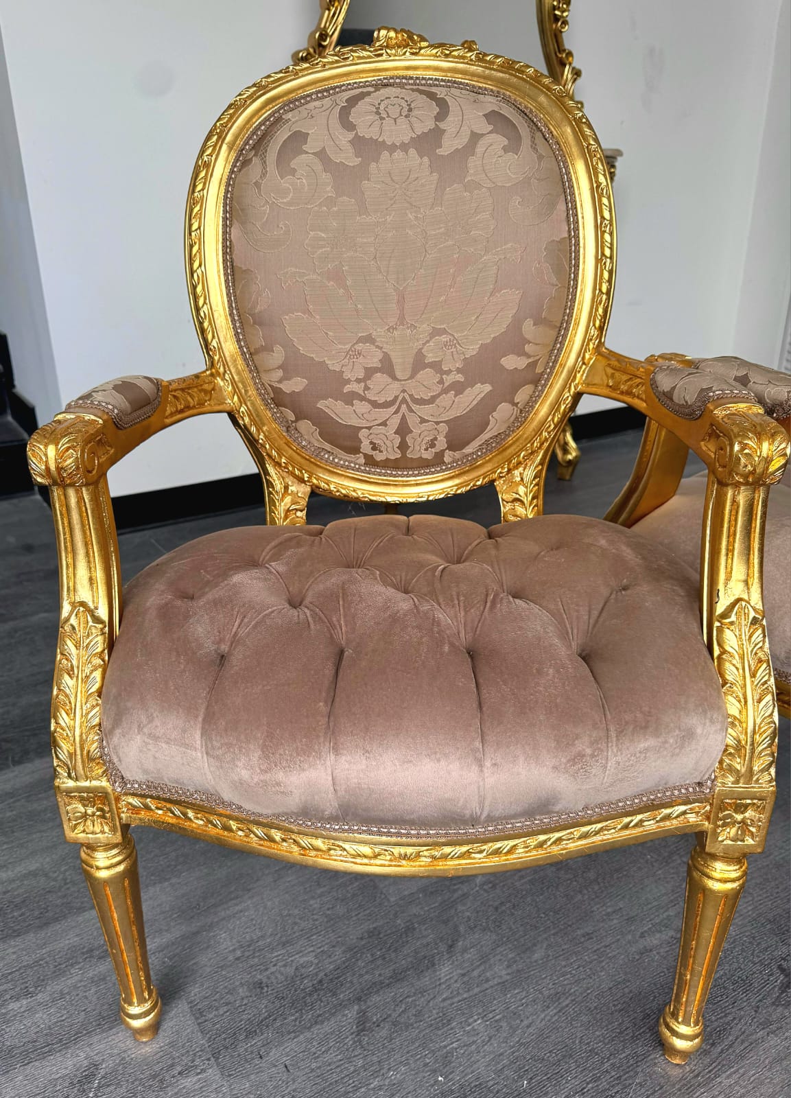 French Style Light Brown Tan Velvet Chair with Gold Leaf Details – Rococo Baroque Armchair