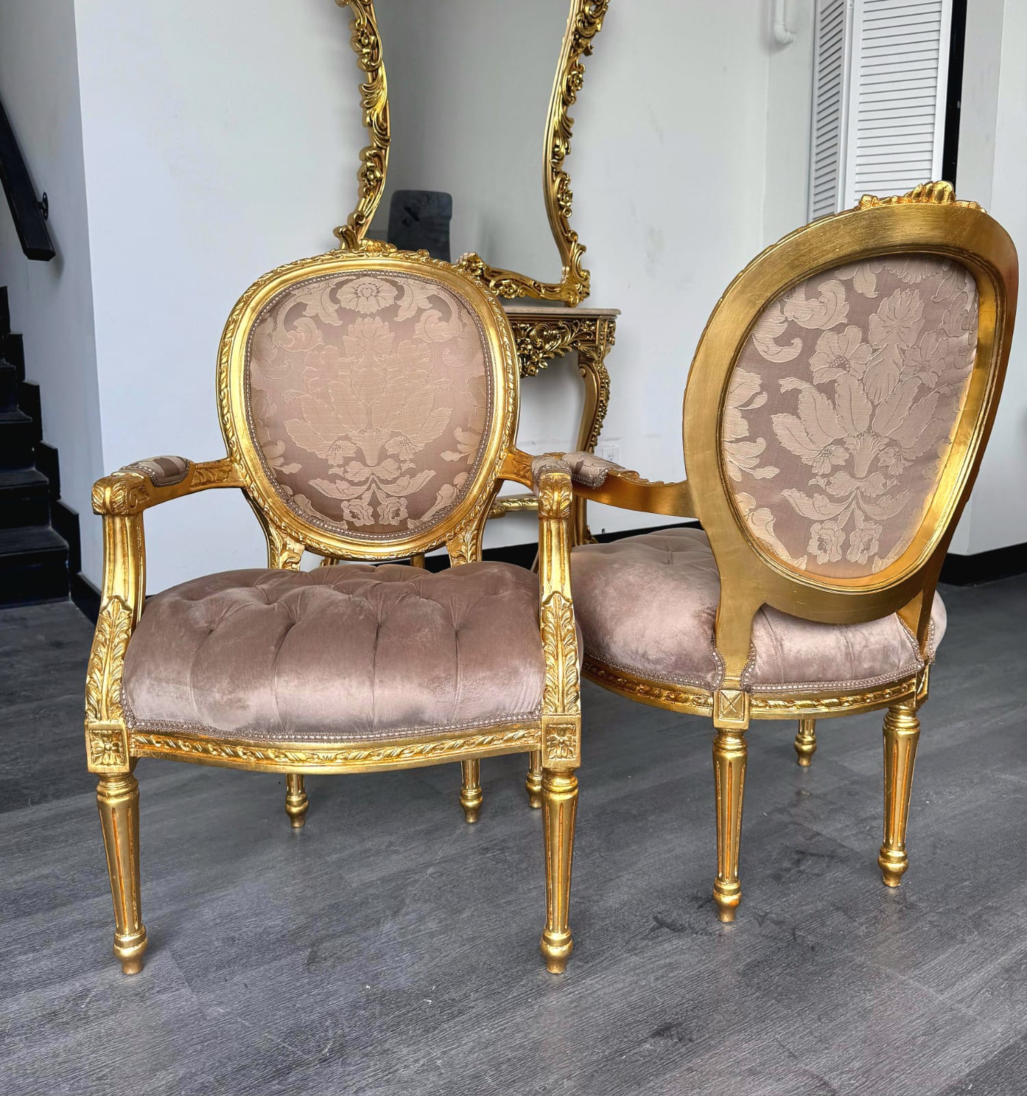 French Style Light Brown Tan Velvet Chair with Gold Leaf Details – Rococo Baroque Armchair