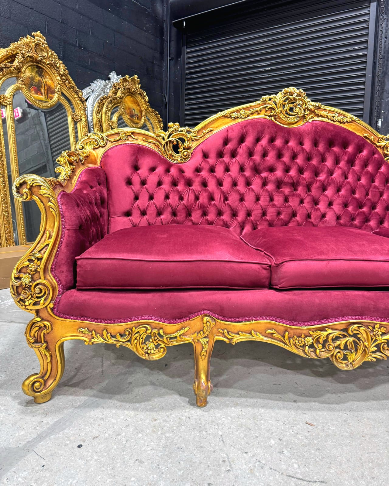 Baroque Style Ruby Red Sofa – French Design with Gold Leaf Details