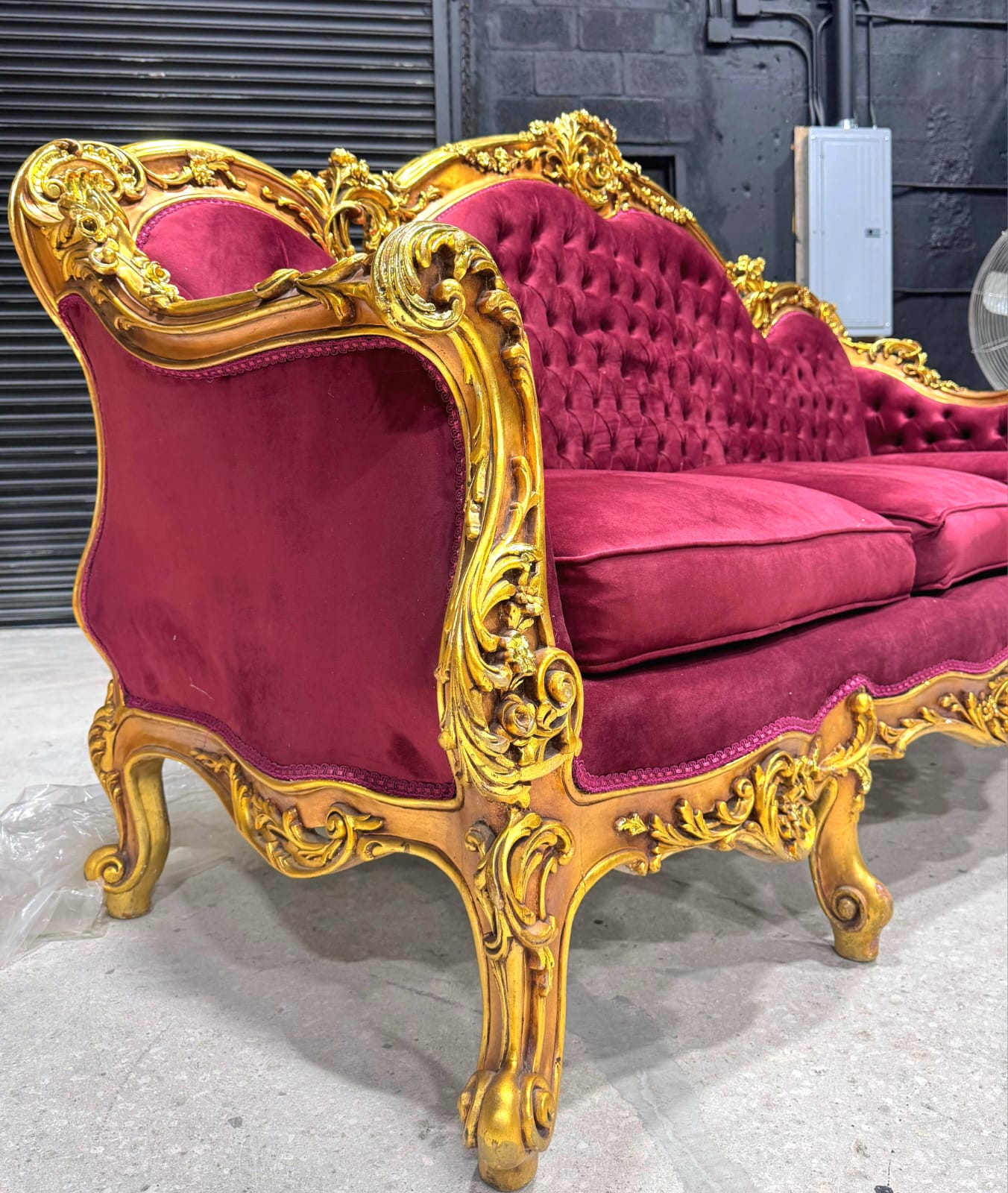 Baroque Style Ruby Red Sofa – French Design with Gold Leaf Details