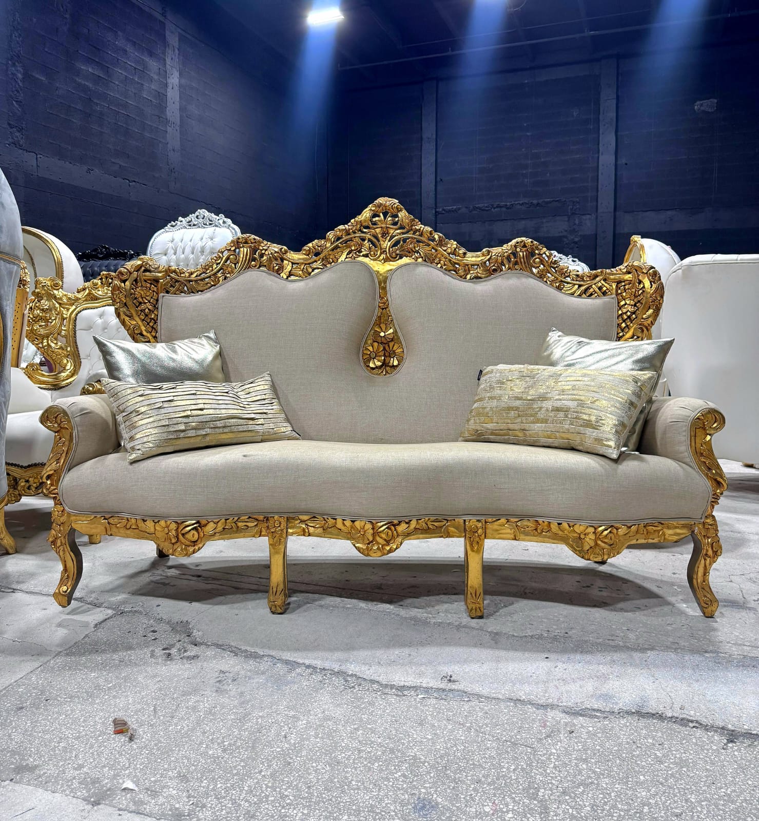 Baroque Style Tan Sofa – French Design with Gold Leaf Details