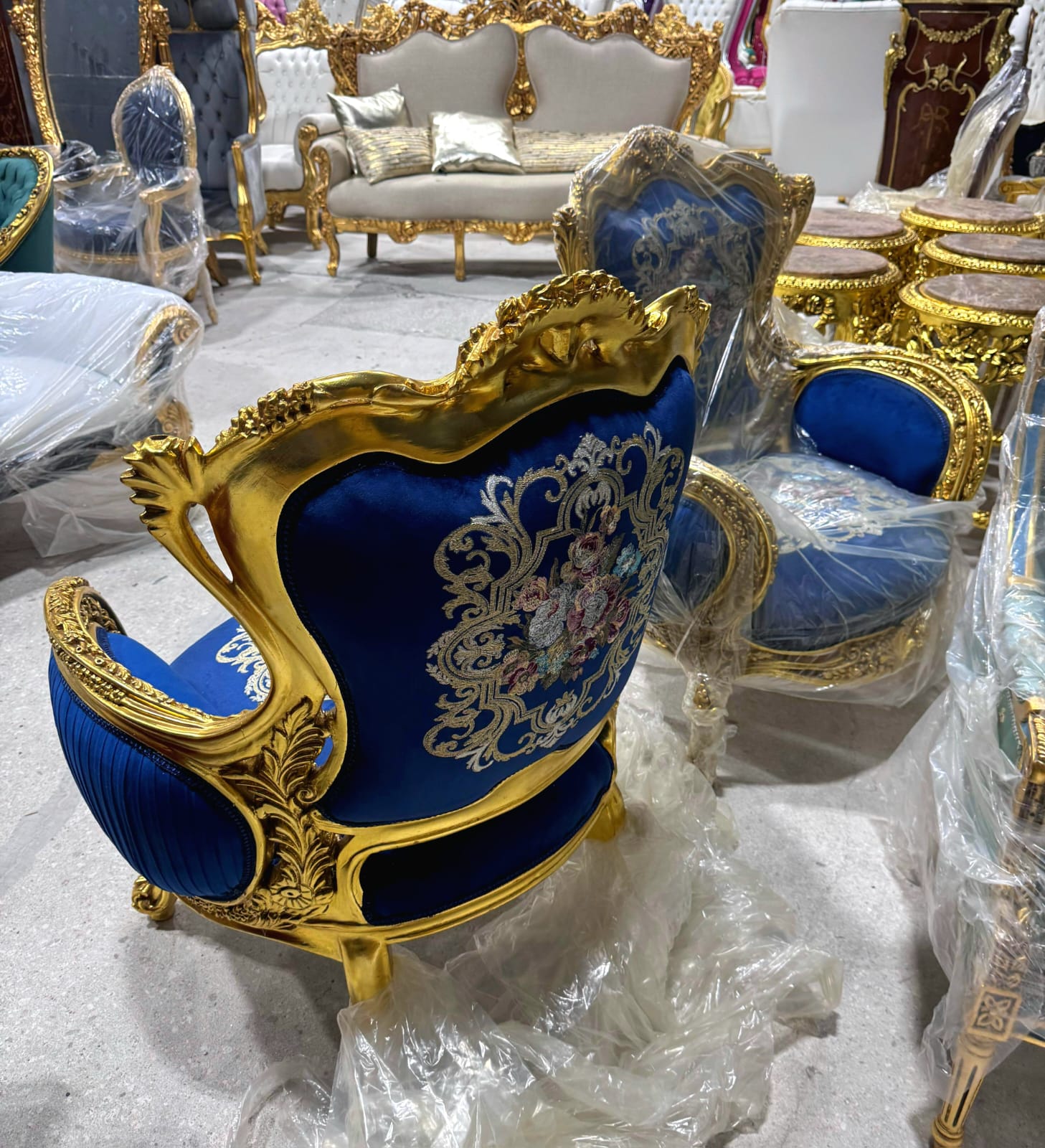 Blue Bergère Wing Chair – French Style Armchair with Gold Leaf Details