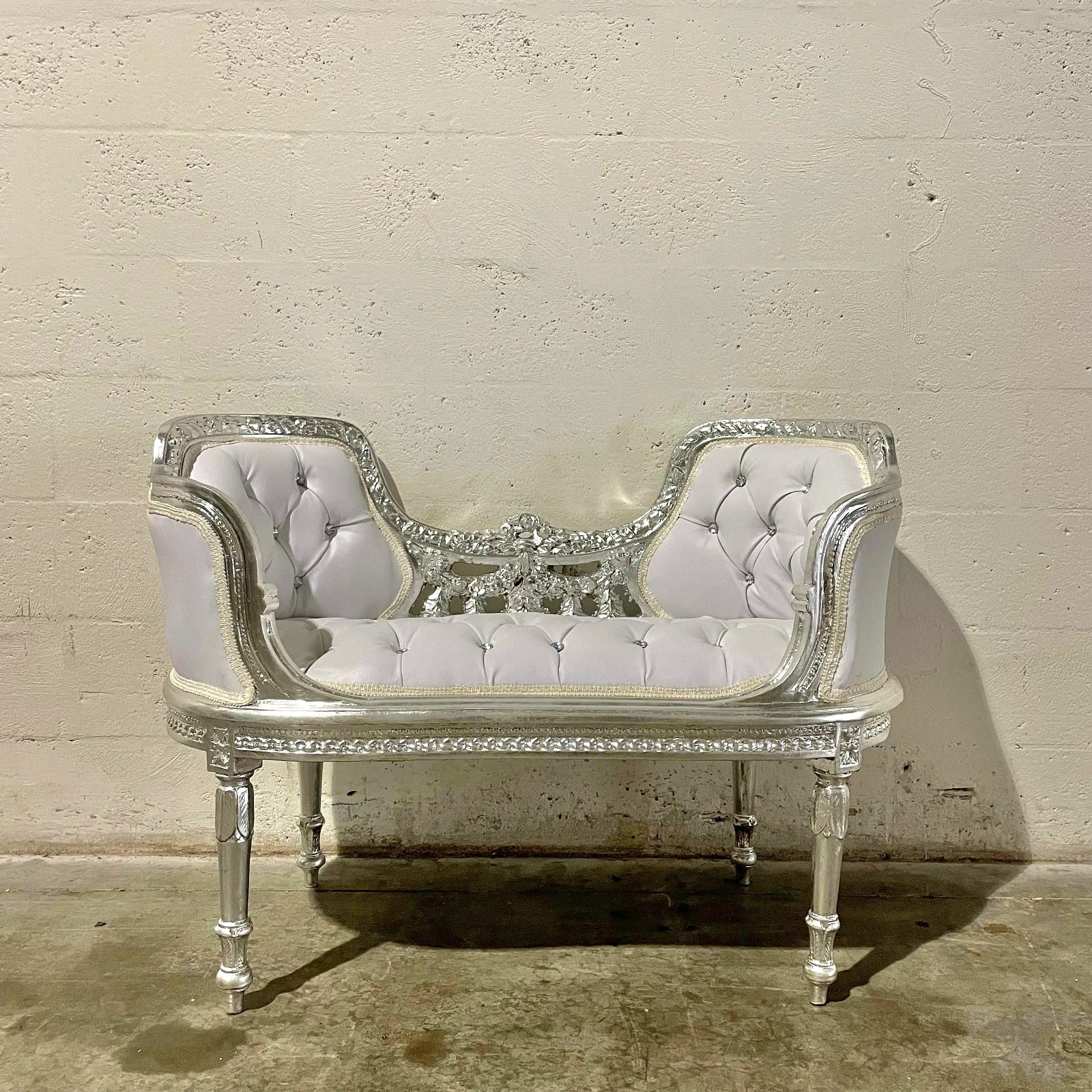 Tufted White Leather Bench French Style with Silver Leaf Details – Rococo Baroque Furniture