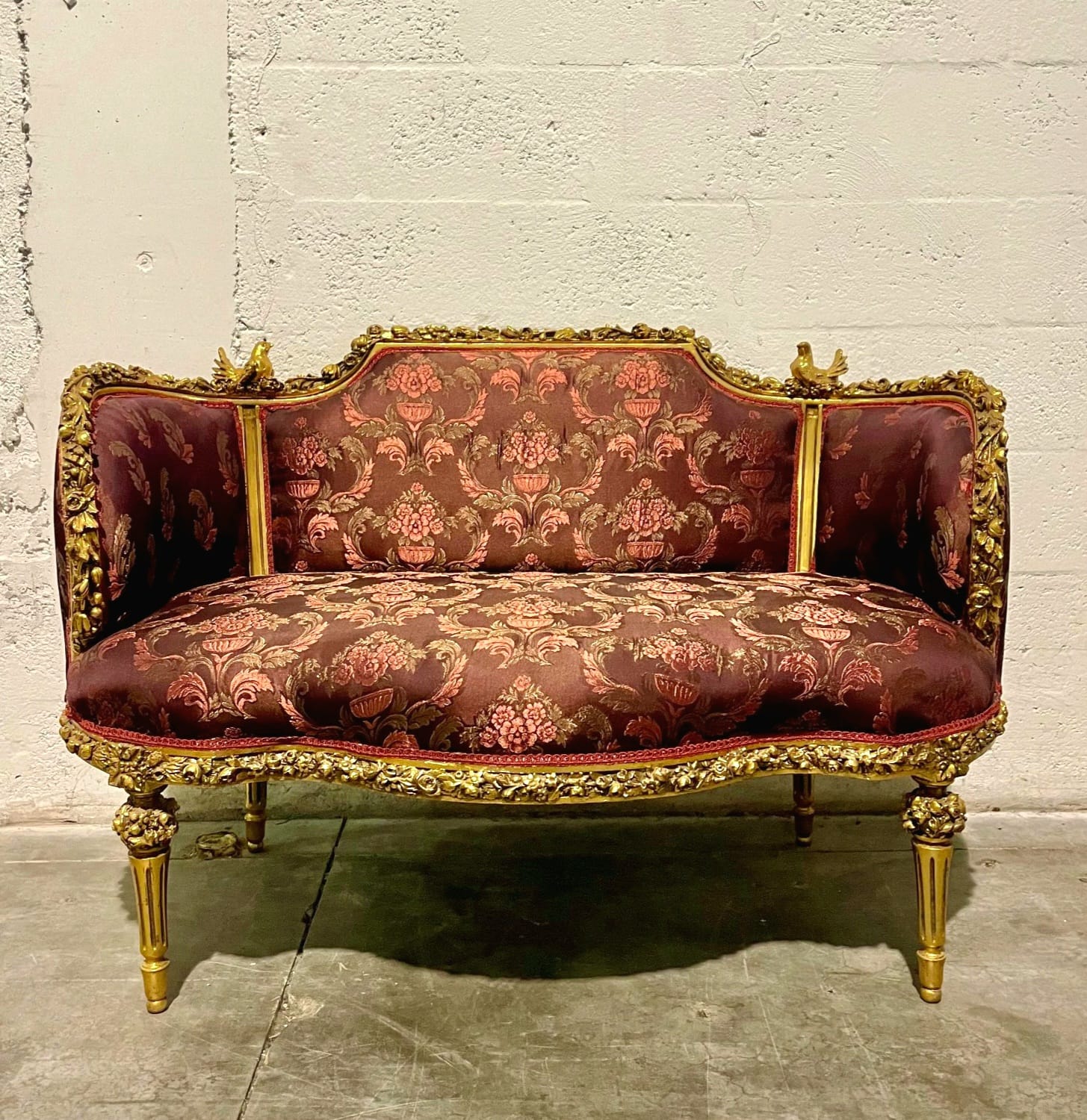 French Baroque Style Red Wine Sofa – Gold Leaf Details, Luxury Designer Upholstery