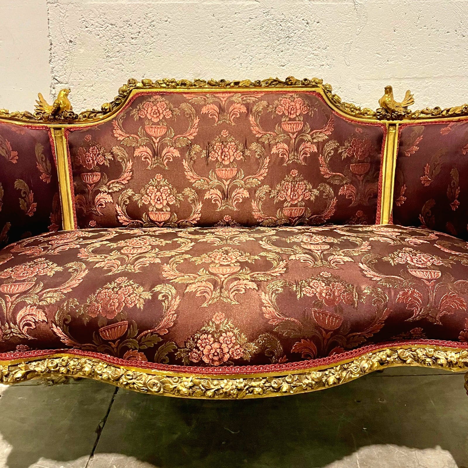 French Baroque Style Red Wine Sofa – Gold Leaf Details, Luxury Designer Upholstery
