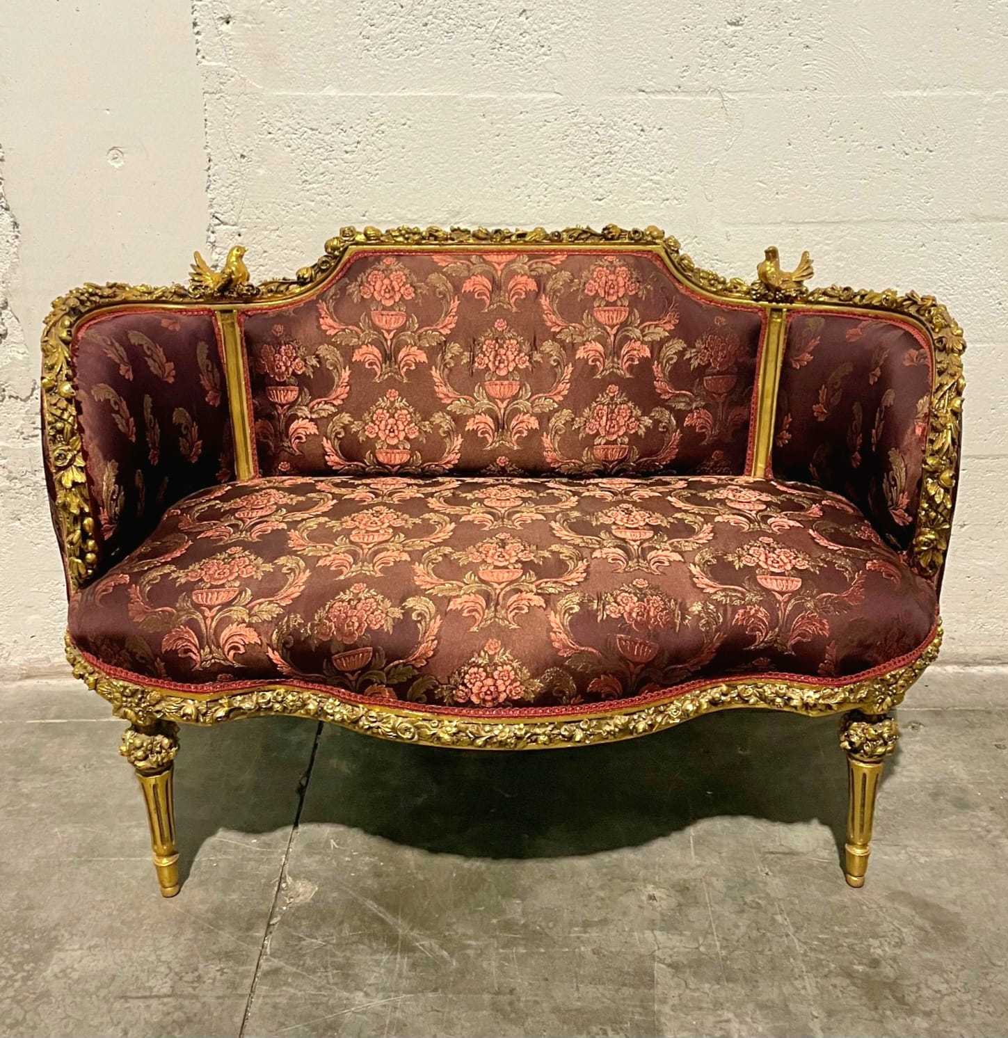 French Baroque Style Red Wine Sofa – Gold Leaf Details, Luxury Designer Upholstery