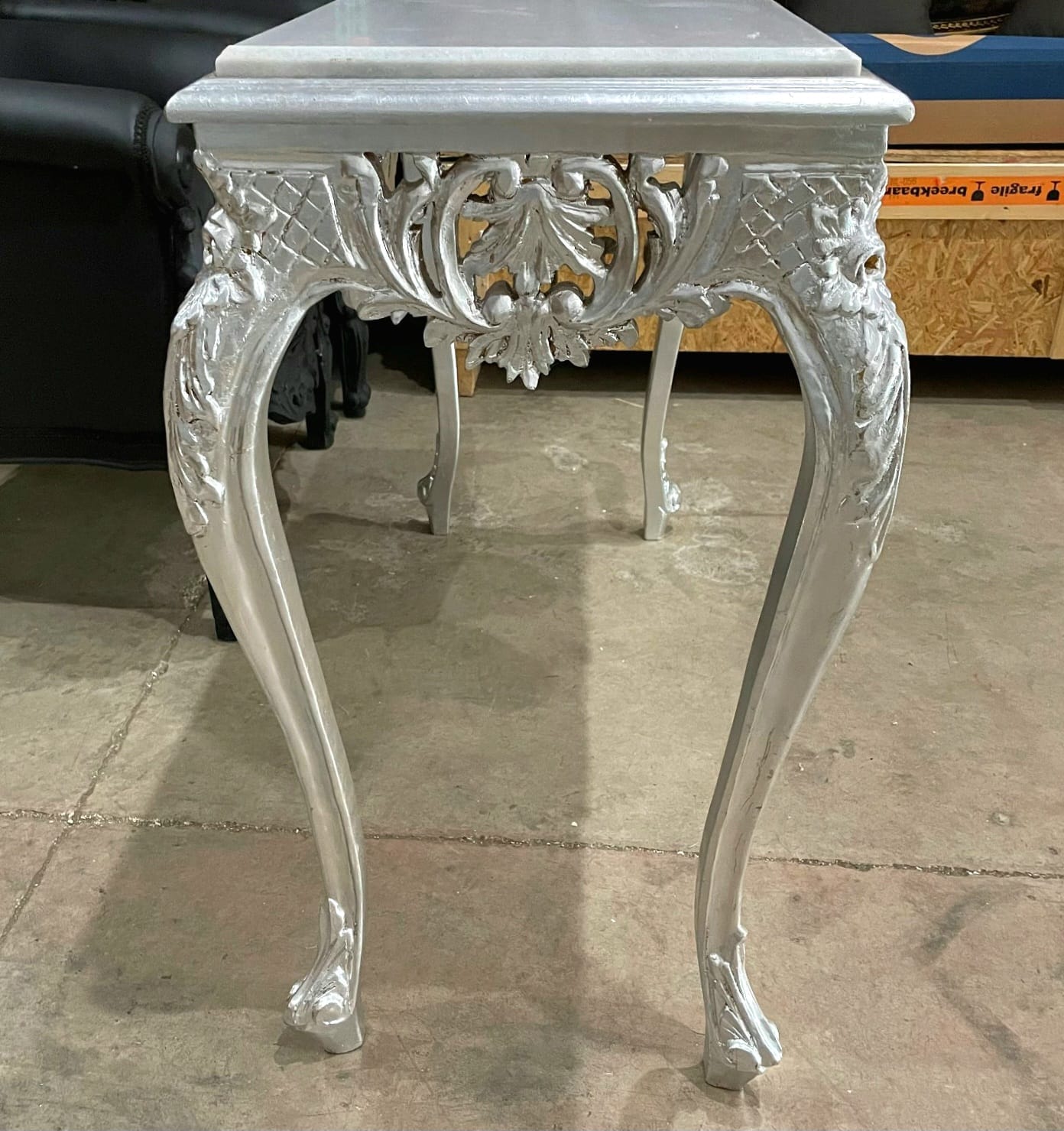 Luxury Baroque Console Table – Silver Leaf Finish with Carvings & Marble Top, 48"W x 18.5"D x 33.5"H