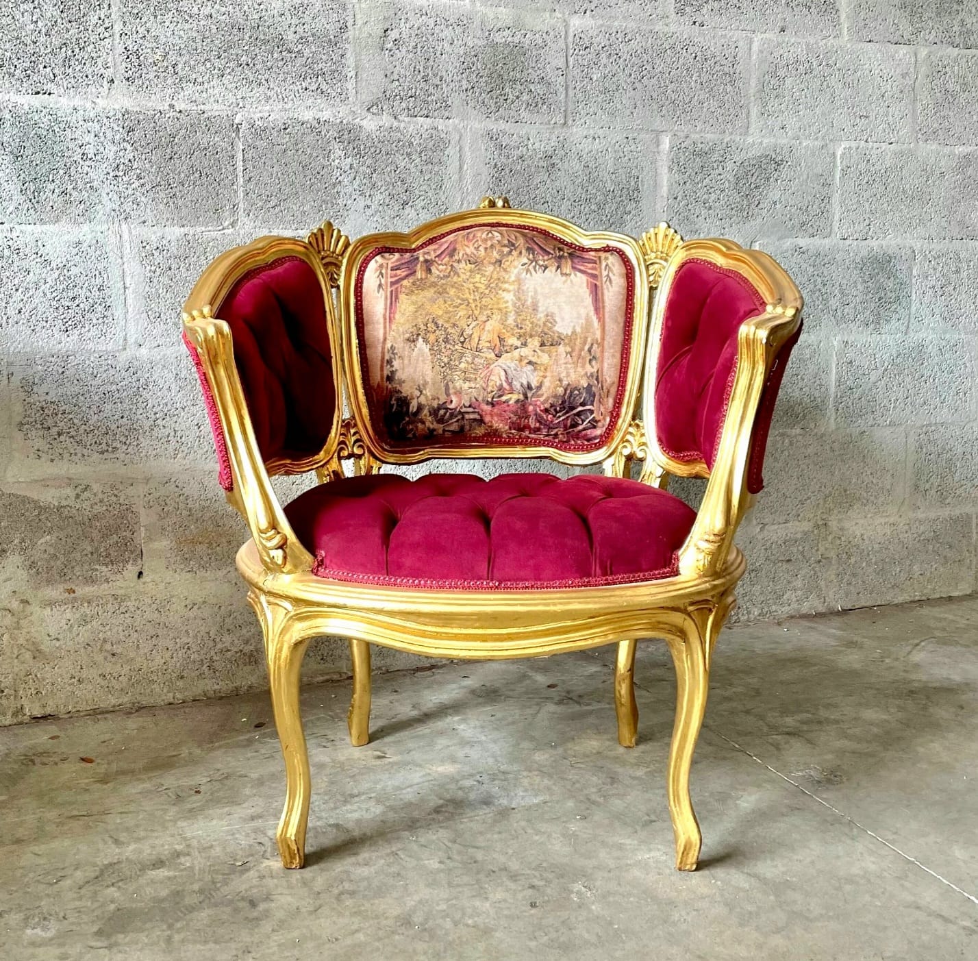 French Romantic Style Berry Red Bergere Wing Chair with Gold Leaf Details
