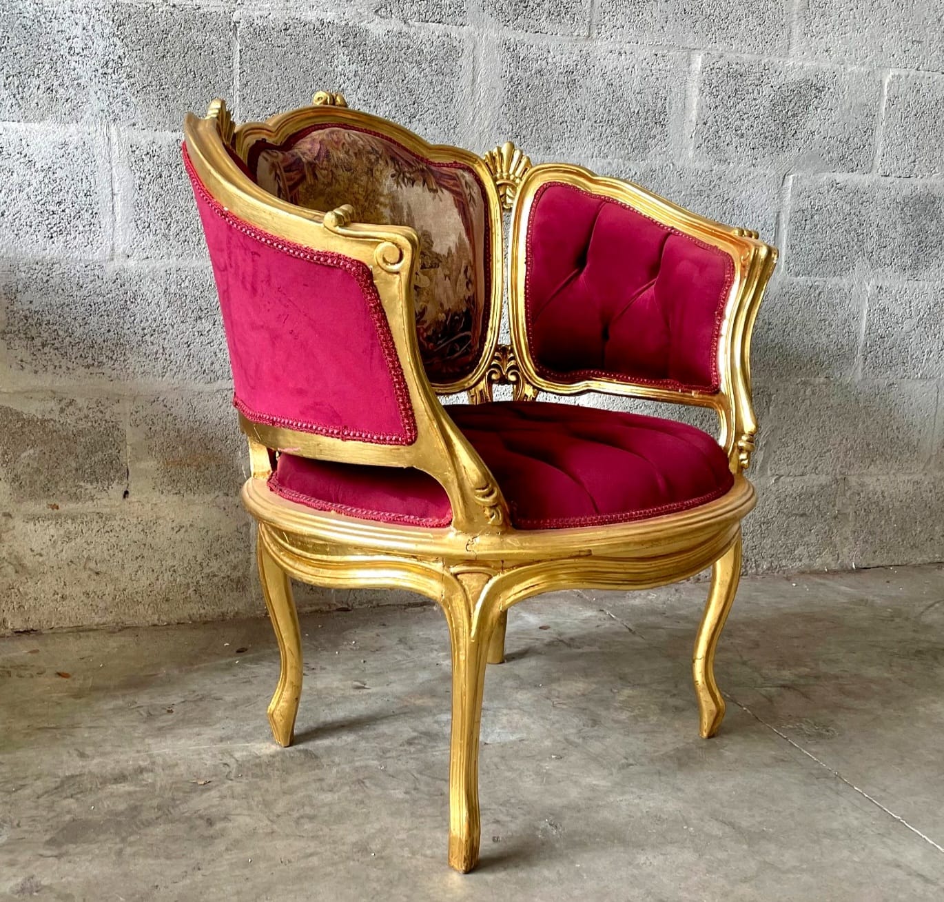 French Romantic Style Berry Red Bergere Wing Chair with Gold Leaf Details