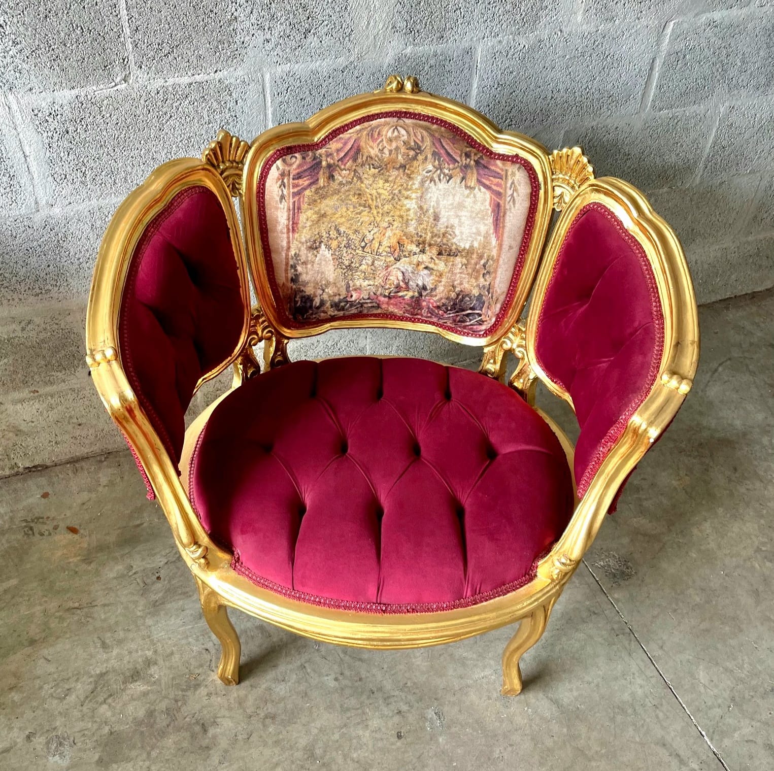 French Romantic Style Berry Red Bergere Wing Chair with Gold Leaf Details